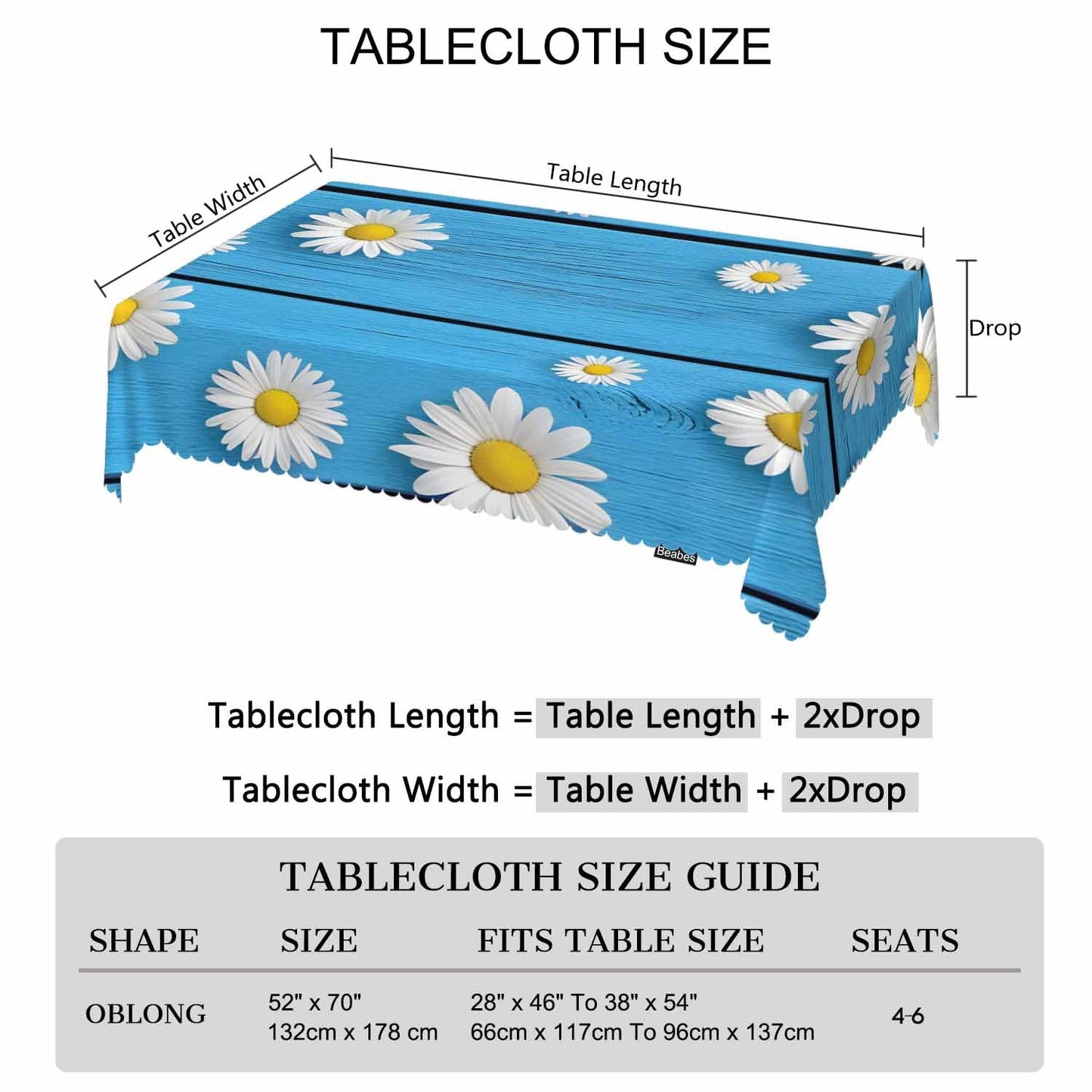 Beabes Tablecloth Daisy, Blossom Floral Daisy Chamomile Wood Blue Rectangular Table Cover Kitchen Table Cloth for Dining Hotel Coffee Parties Tabletop Decoration, 52x70 Inch