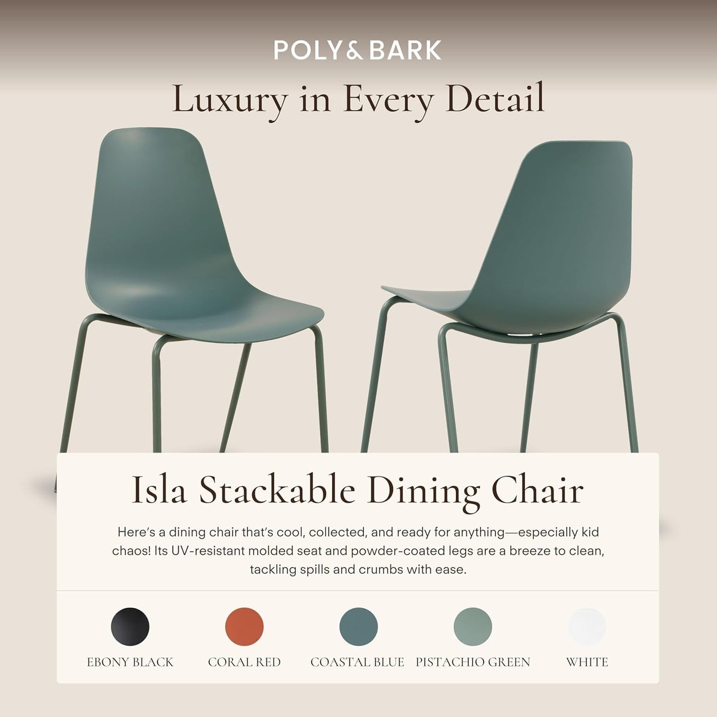 Poly & BARK Isla Stackable Dining Chairs Set of 4 – Mid Century Modern Plastic Dining Chair with Metal Legs – Kitchen & Dining Room Chairs – Dining Table Chairs Set – Indoor/Outdoor – Coastal Blue