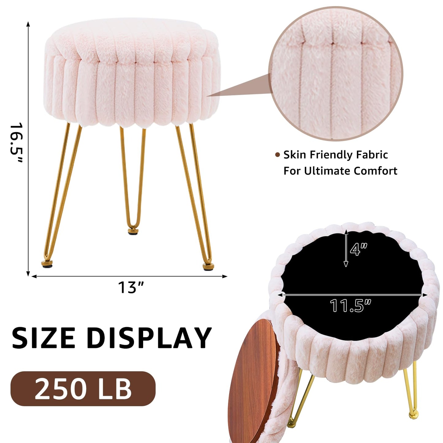 Wimarsbon Vanity Stool with Storage, Faux Fur Ottoman Chair with Metal Legs, Round Makeup Vanity Chair for Bedroom or Dressing Table, Modern Small Ottoman Seat (Champagne-1)