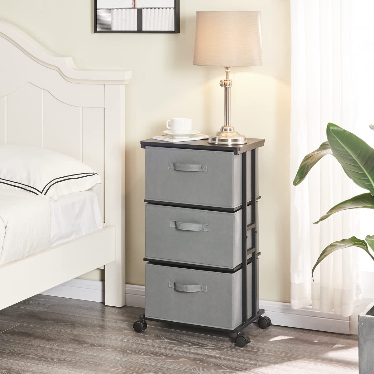 MAX Houser Dresser Tower with 3 Drawers for Bedroom, Fabric Storage Organizer Unit, Chest of Drawers with with WoodTop, Small Vertical Storage for Guest Room, Closet, Entryway(Grey)