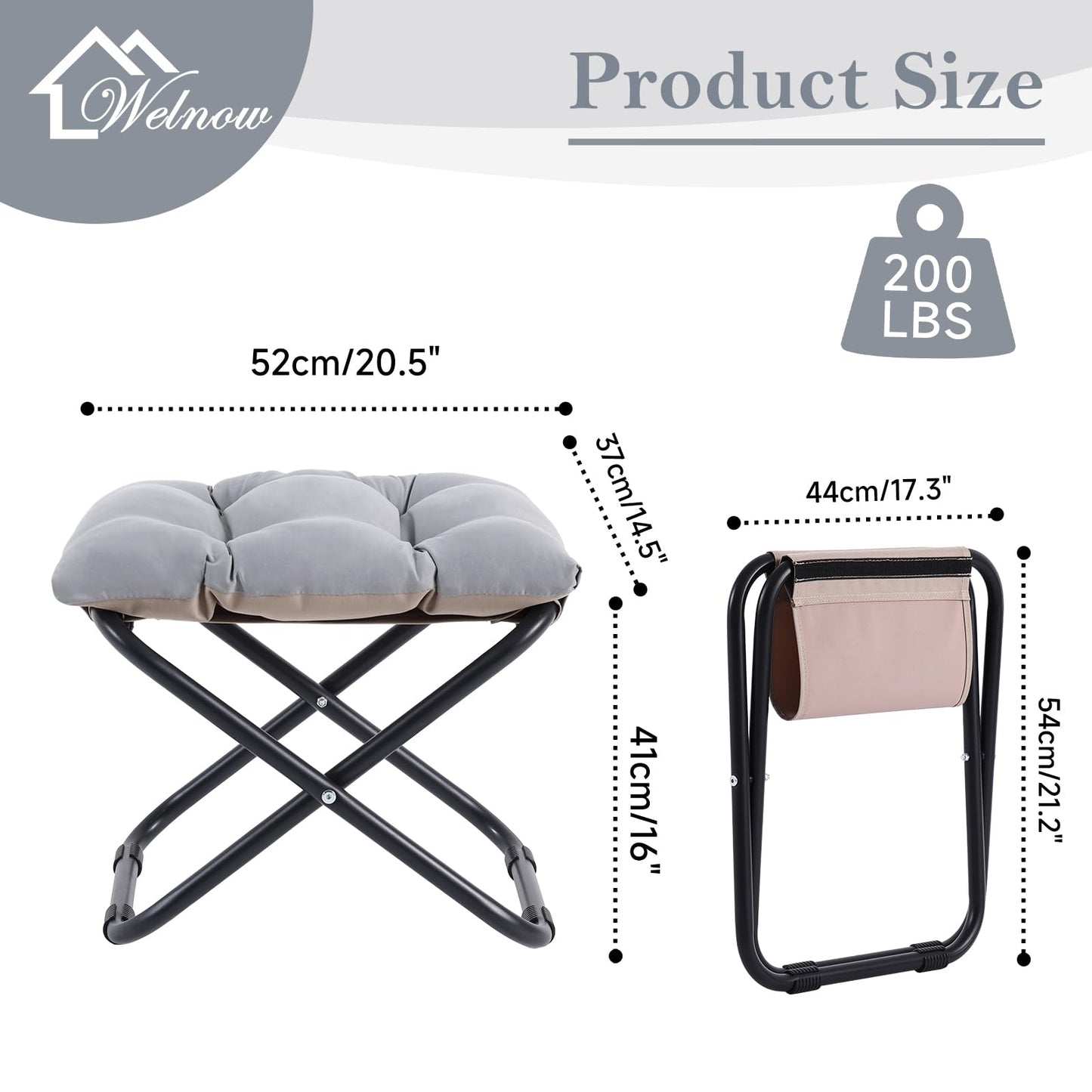 Welnow Folding Foot Stool, Upholstered Small Accent Ottoman with Detachable Thick Cotton Cushion, Padded Sofa Stool with Straight Metal Legs for Lazy Chair, Living Room, Bedroom, Light Grey