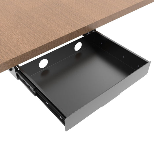 Mofangtech Under Desk Mounted Slide out Drawer, W 13.4" x D 9.3" Storage Organizer with Cable Management，Pull Out Add-On Storage for Office & Standing Desks with High Crossbar, Metal, Black (Medium)
