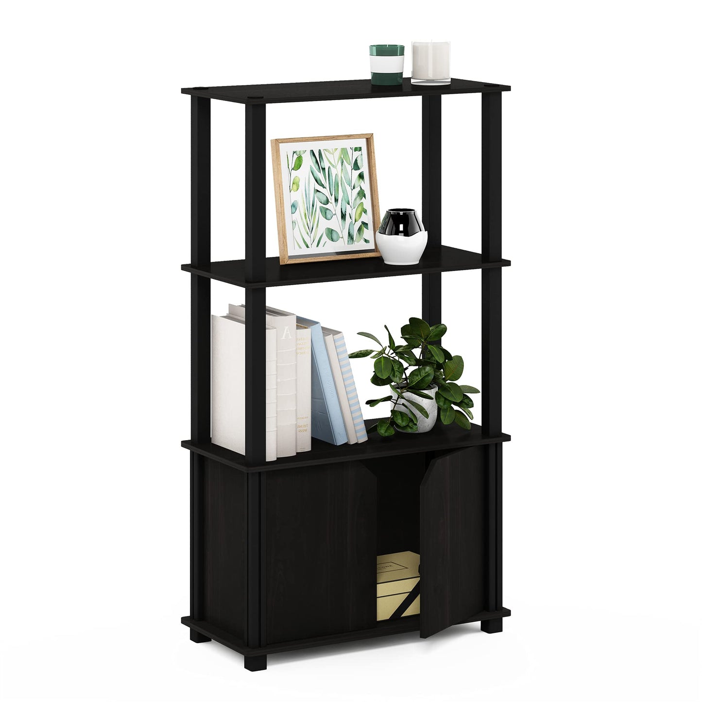 Furinno GO GREEN Storage Shelves, 4-Tier Book Shelf, Bookcase, Display Shelf with Open Shelf and Closed Storage, for Organization and Storage, Living Room, Garage, Home Office, Espresso