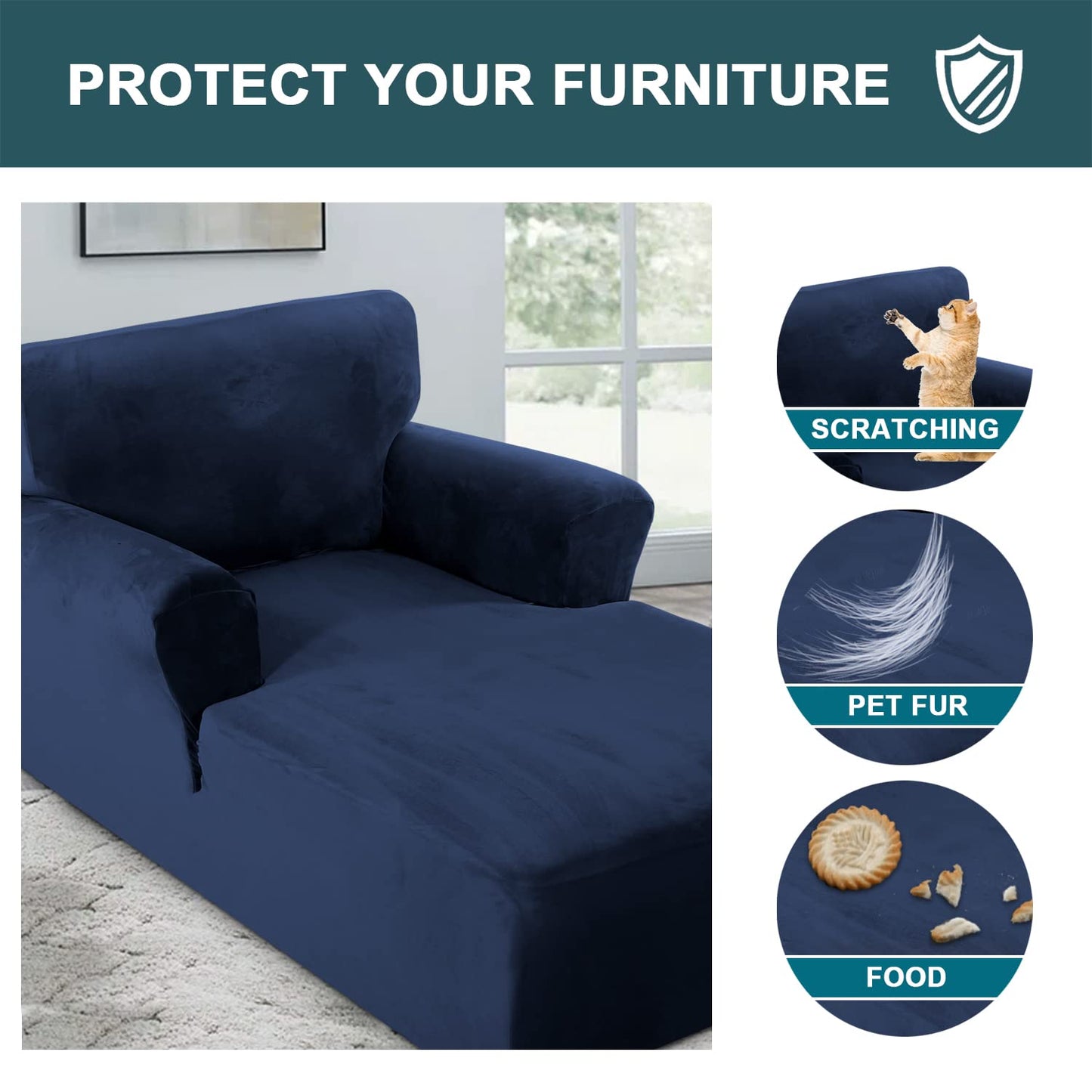 FantasDecor Velvet Chaise Lounge Cover Stretch Double Arm Chair Slipcover for Living Room Bedroom Soft Plush Fabric Machine Washable, Navy