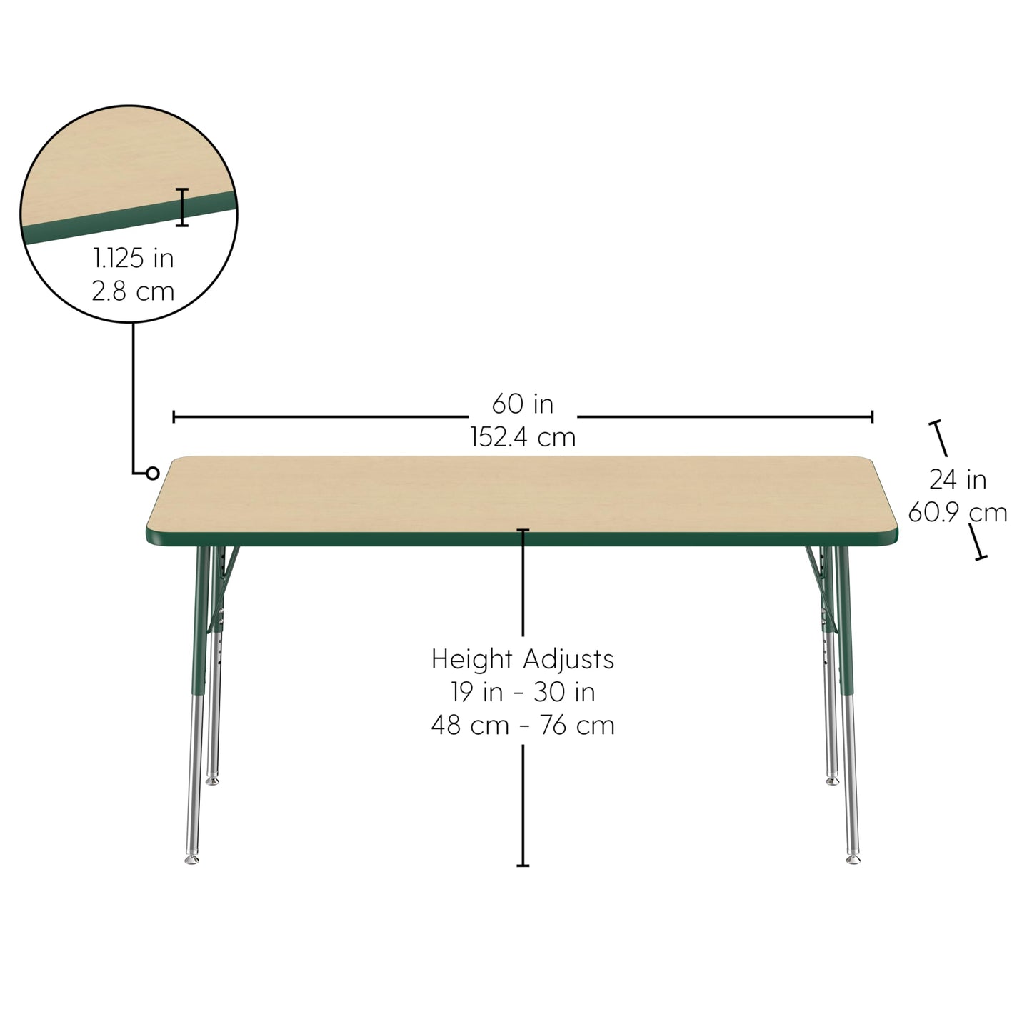 FDP Rectangle Activity School and Office Table (24 x 60 inch), Standard Legs with Swivel Glides, Adjustable Height 19-30 inches - Maple Top and Green Edge