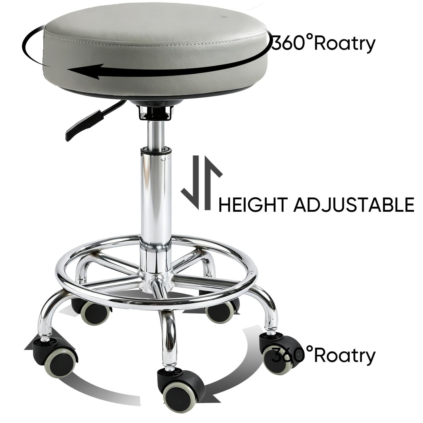 Rolling Stool with Wheels, Comfort Cushion Professional Swivel Drafting Stool, Height Adjustable Heavy Duty 500 lb Stool with Silent Casters and Foot Ring for Salon Tattoo Clinic Home Office, Grey