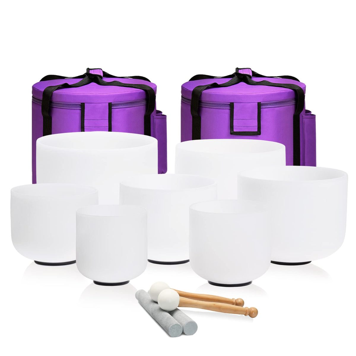CVNC 440HZ 6-12 inch Set of 7 Frosted Chakra Quartz Crystal Singing Bowls For Sound Healing with Heavy Duty Carrying Cases