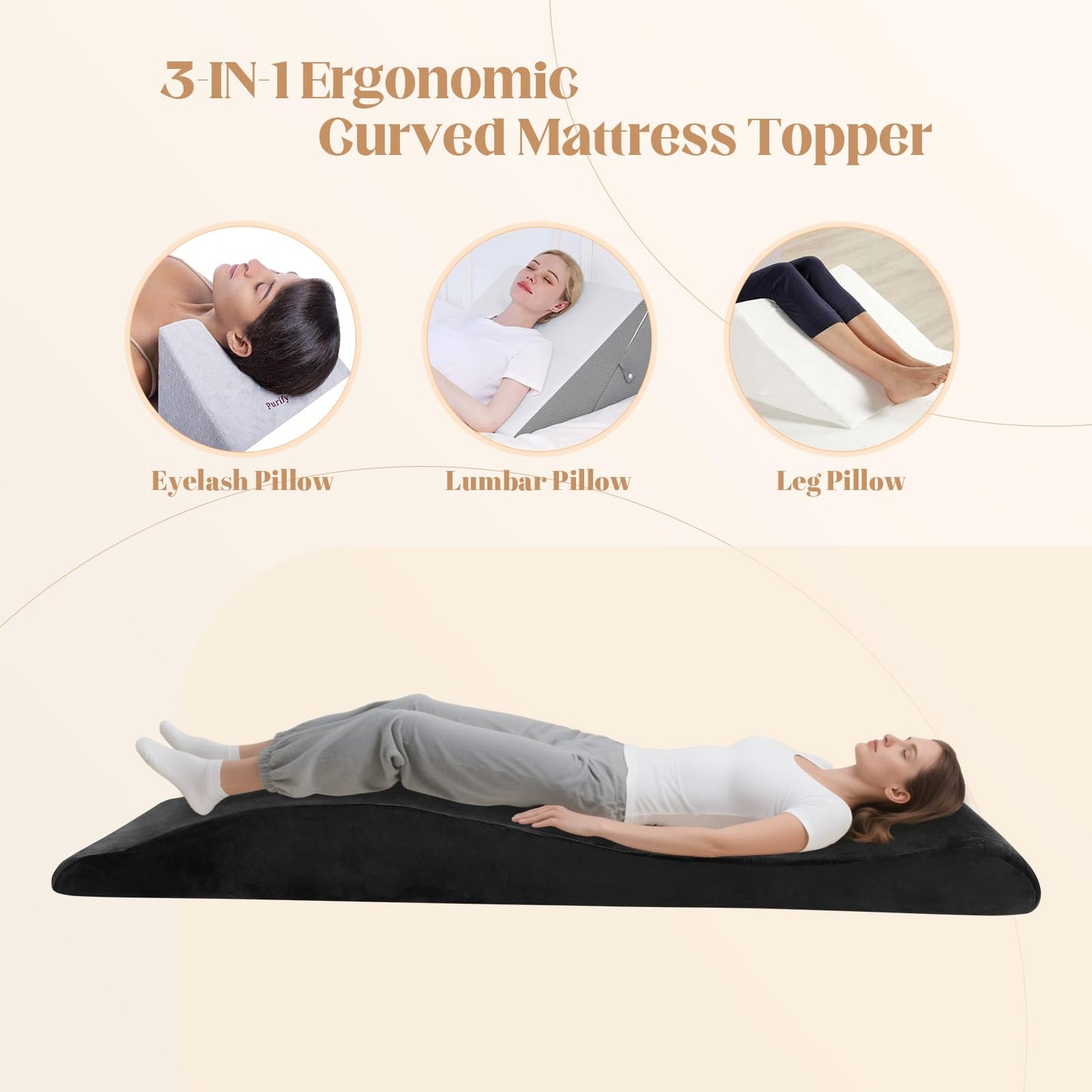 FAHKNS Lash Bed Topper, Ergonomic Lash Bed Foam Topper, High Density Foam Massage Table Pad, Curvy Esthetician Mattress, Washable Massage Table Padding Cushion for Beauty Salon, 70.8in×23.6in, Black