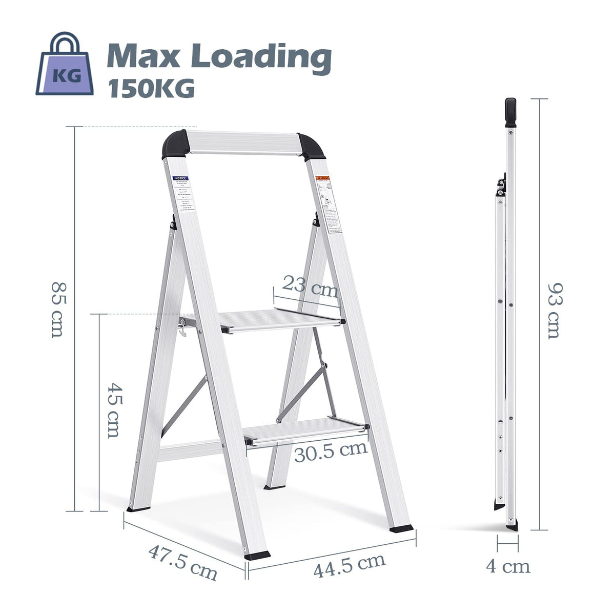 KINGRACK Aluminium 2 Step Ladder, Lightweight Step Stool with Non-Slip Pedals, Handrail, 330LBS Foldable Step Ladder for Kitchen, Garage, Home, Space Saving, Sturdy and Portable, Silver