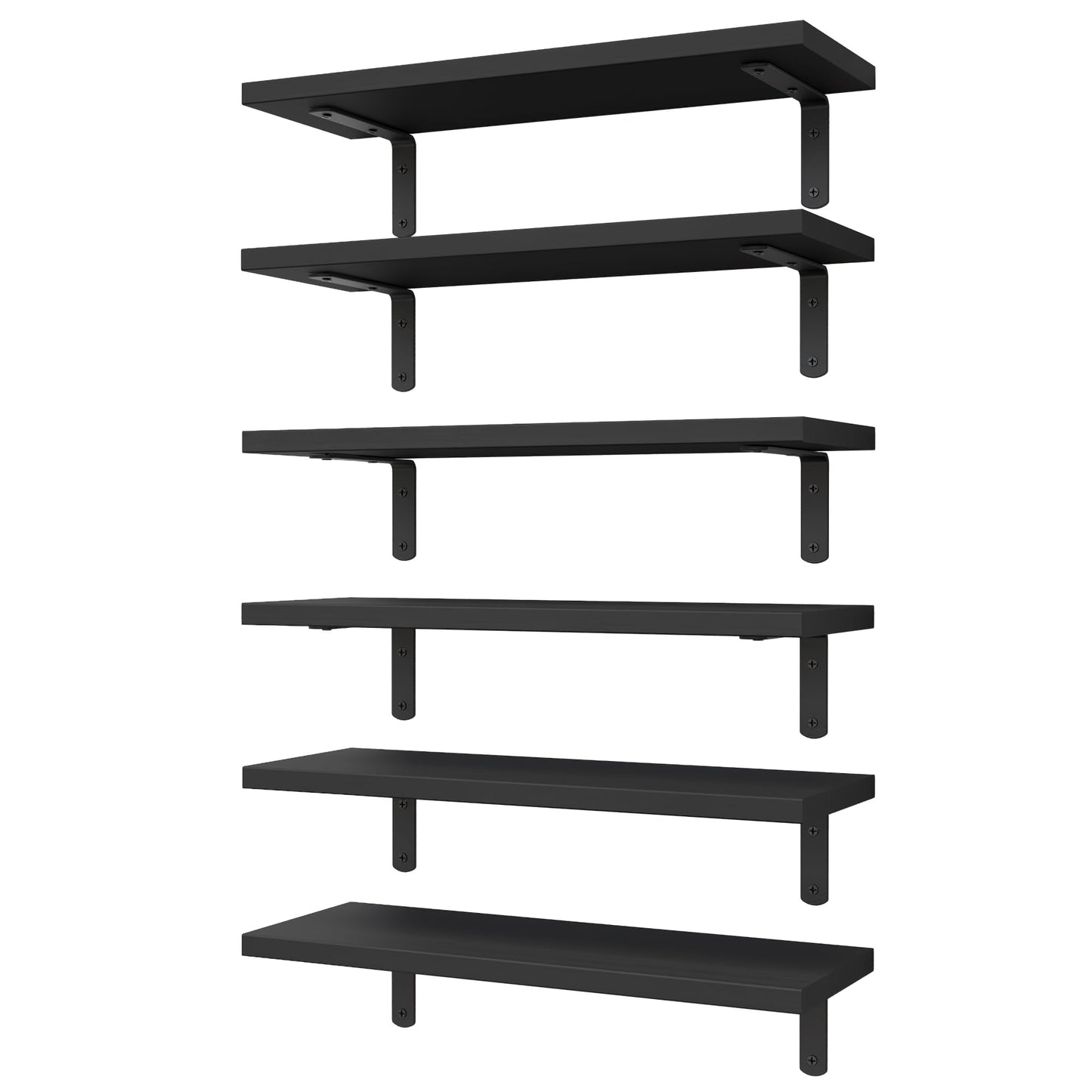 WOPITUES Wood Floating Shelves Set of 6, Shelves for Wall Decor, Farmhouse Shelf for Bedroom, Bathroom Storage Shelves, Book Shelves for Living Room-Black
