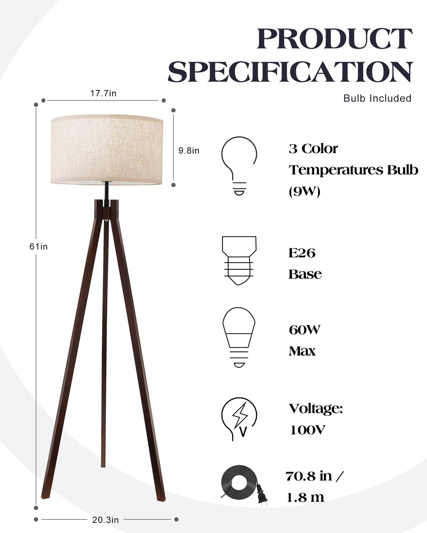 ELYONA Wood Tripod Floor Lamp for Bedroom, 3 Color Temperatures & Linen Shade, Modern Reading Standing Lamp with 9W LED Bulb, Mid Century Night Light for Farmhouse, Living Room, Office, Walnut