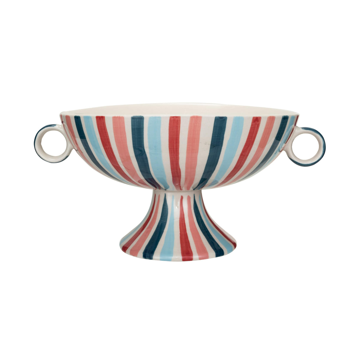 Creative Co-Op Hand-Painted Stoneware Footed Bowl with Handles and Stripes, Multicolor
