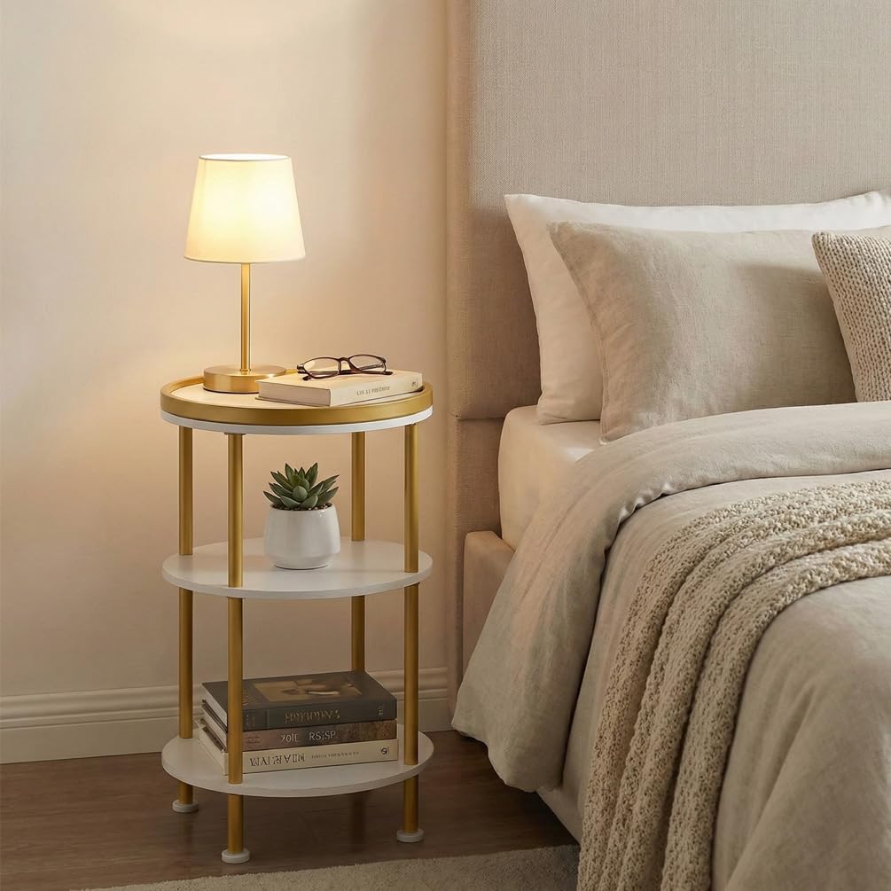 Small Round Side Table, Gold Round End Table with White Shelves, 3-Tier Modern Nightstand for Bedroom & Living Room, 21.7" H Narrow Gold Accent Table for Small Spaces, Dorm, Nursery (White & Gold)