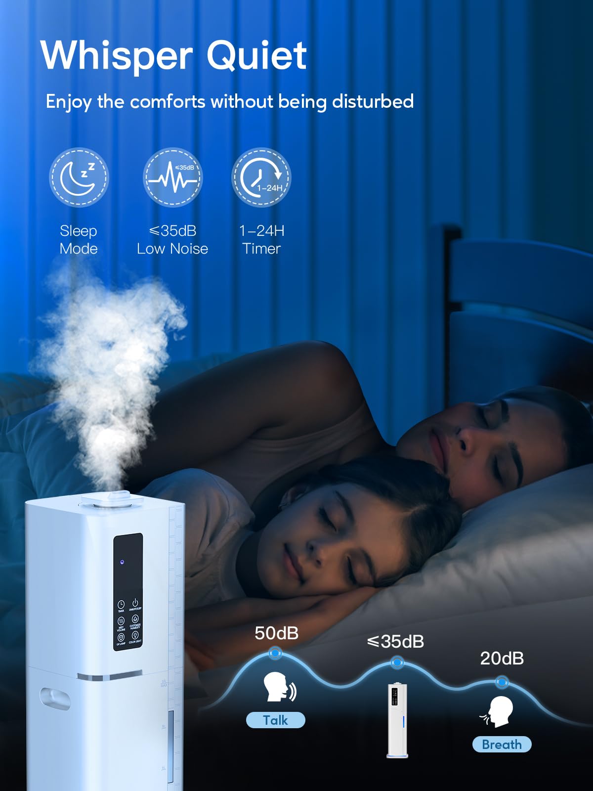 Zeova 10L/2.64Gal Humidifiers for Bedroom, Top Fill Quiet Ultrasonic Cool Mist Humidifier Large Room, Covers 550ft², 60H Runtime, 24H Timer, 3 Mist Modes Humidifiers for Home, Office, Plants, White