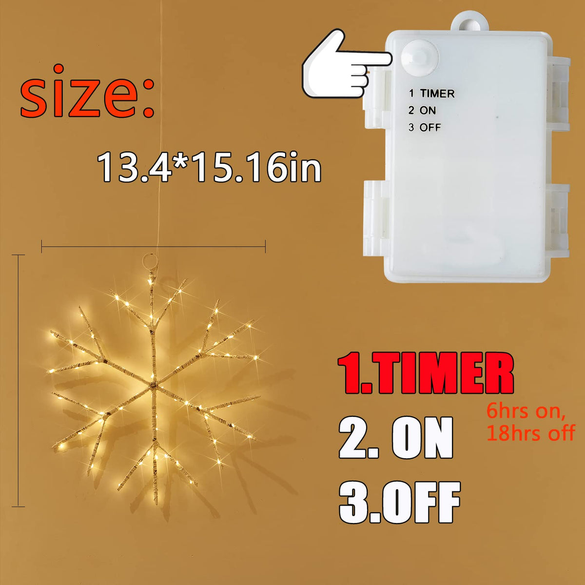 Fudios Snowflake Lights Warm White Battery Operated with Timer 70 LED 14in for Christmas Wall Window Decoration 2sets