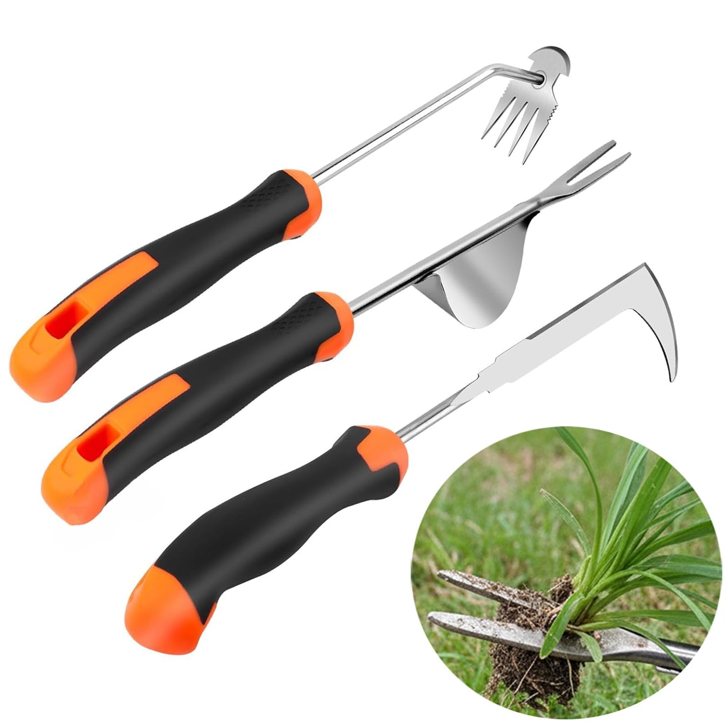 Weed Puller Tool, 3 Pack Hand Weeder Tool, Stainless Steel Dandelion Remover for Lawn Care, 4 Teeth Manual Crack Weeder, L-Shaped Weeding Tool with Ergonomic Handle for Garden, Flower Beds, Patio