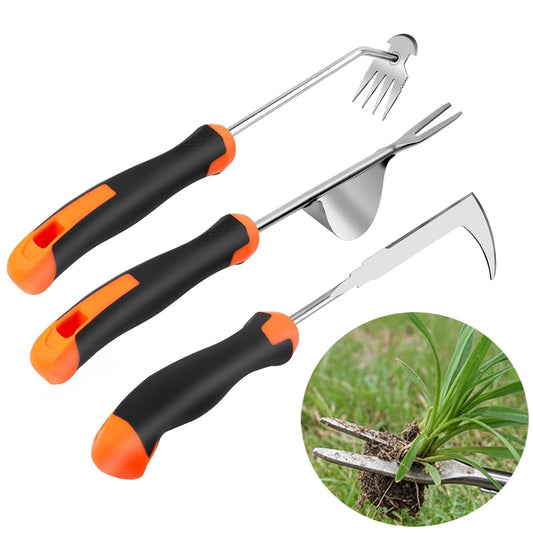 Weed Puller Tool, 3 Pack Hand Weeder Tool, Stainless Steel Dandelion Remover for Lawn Care, 4 Teeth Manual Crack Weeder, L-Shaped Weeding Tool with Ergonomic Handle for Garden, Flower Beds, Patio