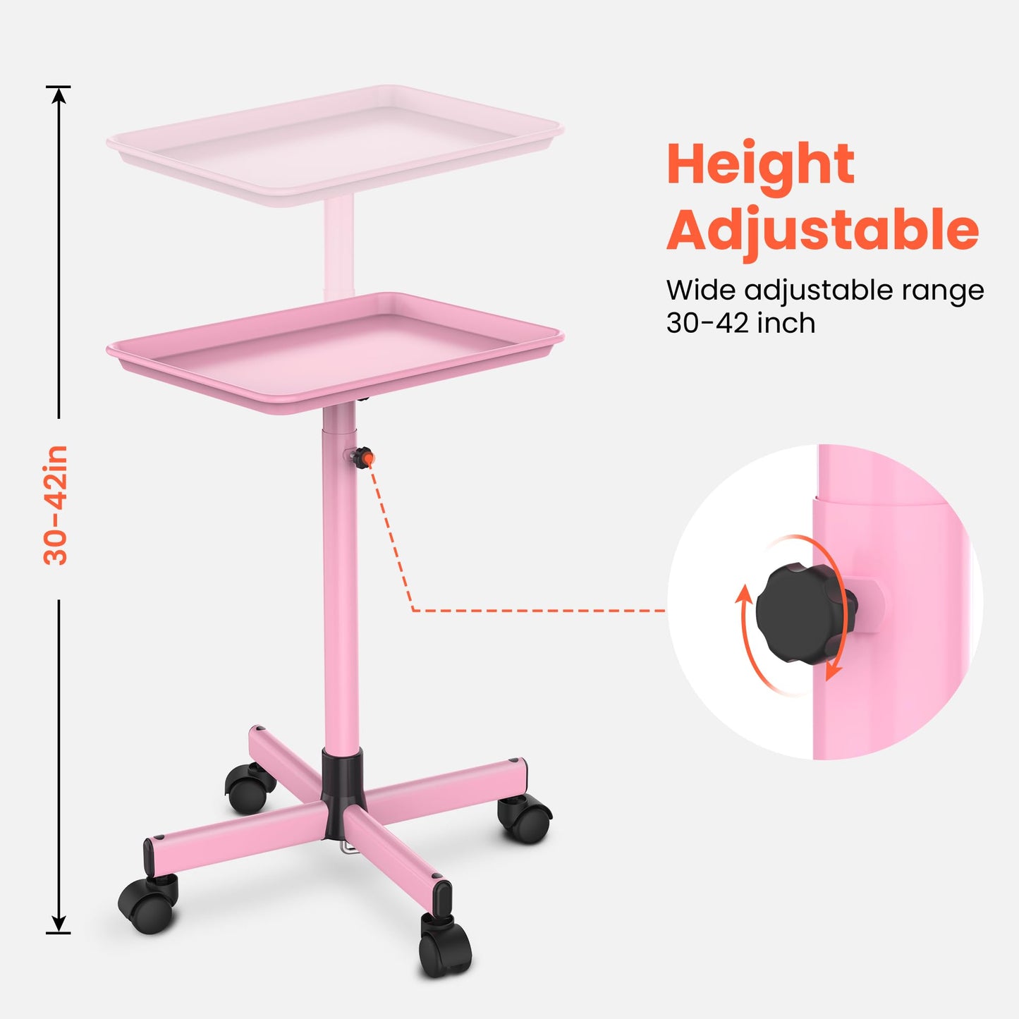 TASALON Premium Salon Tray on Wheels, Aluminum Salon Rolling Tray Trolley for Salon Essentials, Adjustable Height Provides Ample Storage for Hairstylist, Tattoo and Clinic Use - Pink