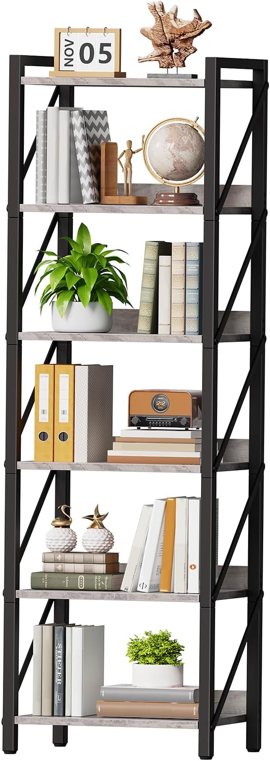 HOOBRO Bookshelf, 6-Tier Industrial Bookcase, Book Shelf Storage Organizer