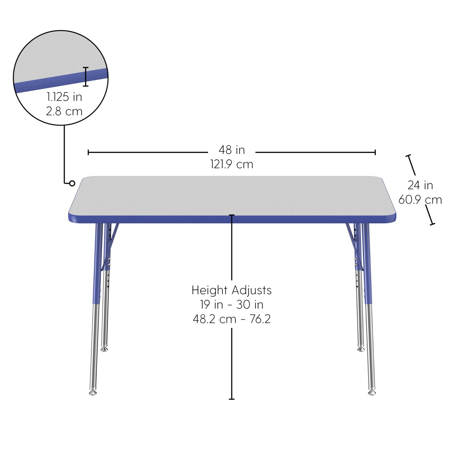 FDP Rectangle Activity School and Office Table (24 x 48 inch), Standard Legs with Swivel Glides, Adjustable Height 19-30 inches - Gray Top and Blue Edge