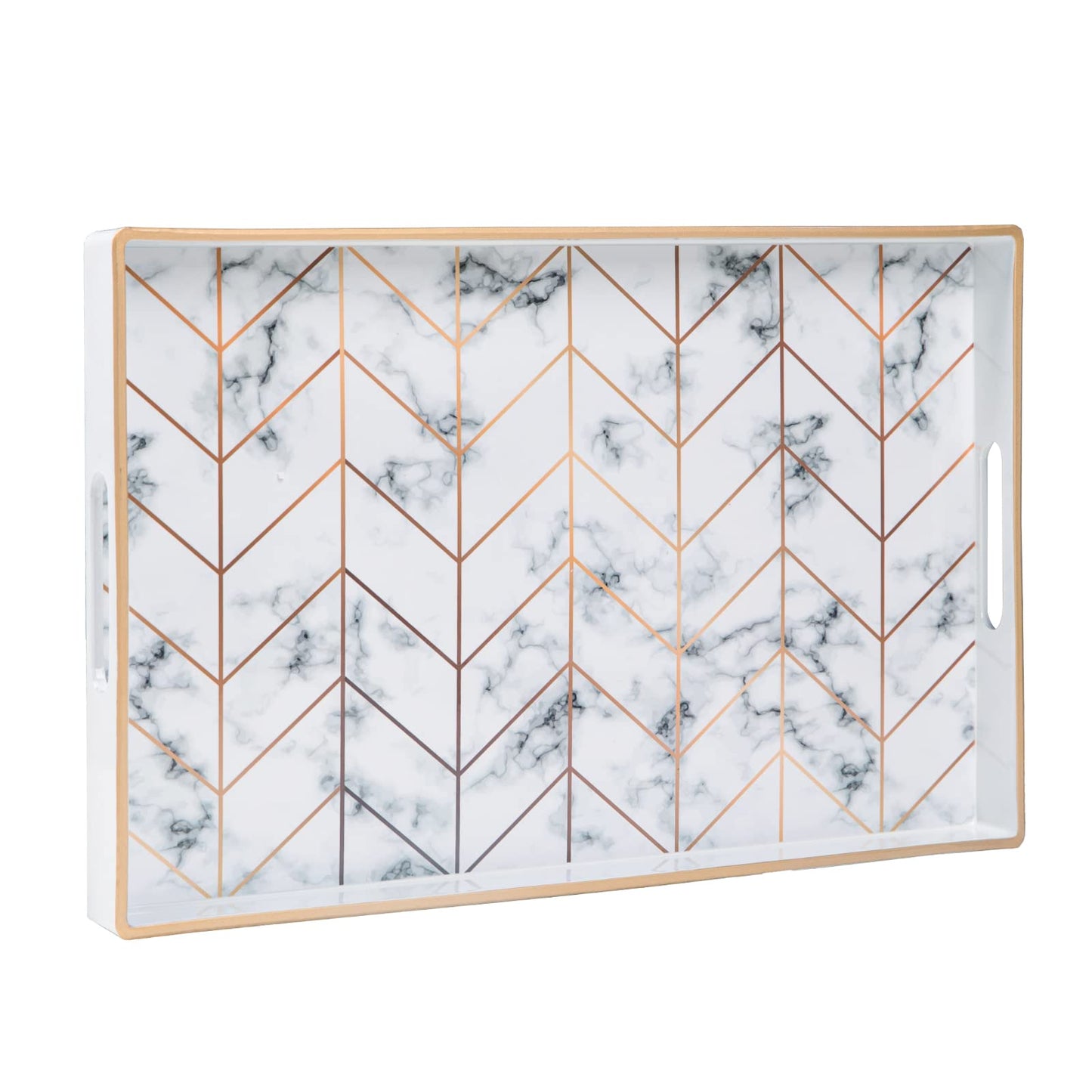 MAONAME Rectangular Decorative Tray, Modern White Serving Tray with Handles, Marbling Plastic Trays for Ottoman, Coffee Table Trays for Living Room, Home Decor, 15.8" x 10.2" x 1.4"
