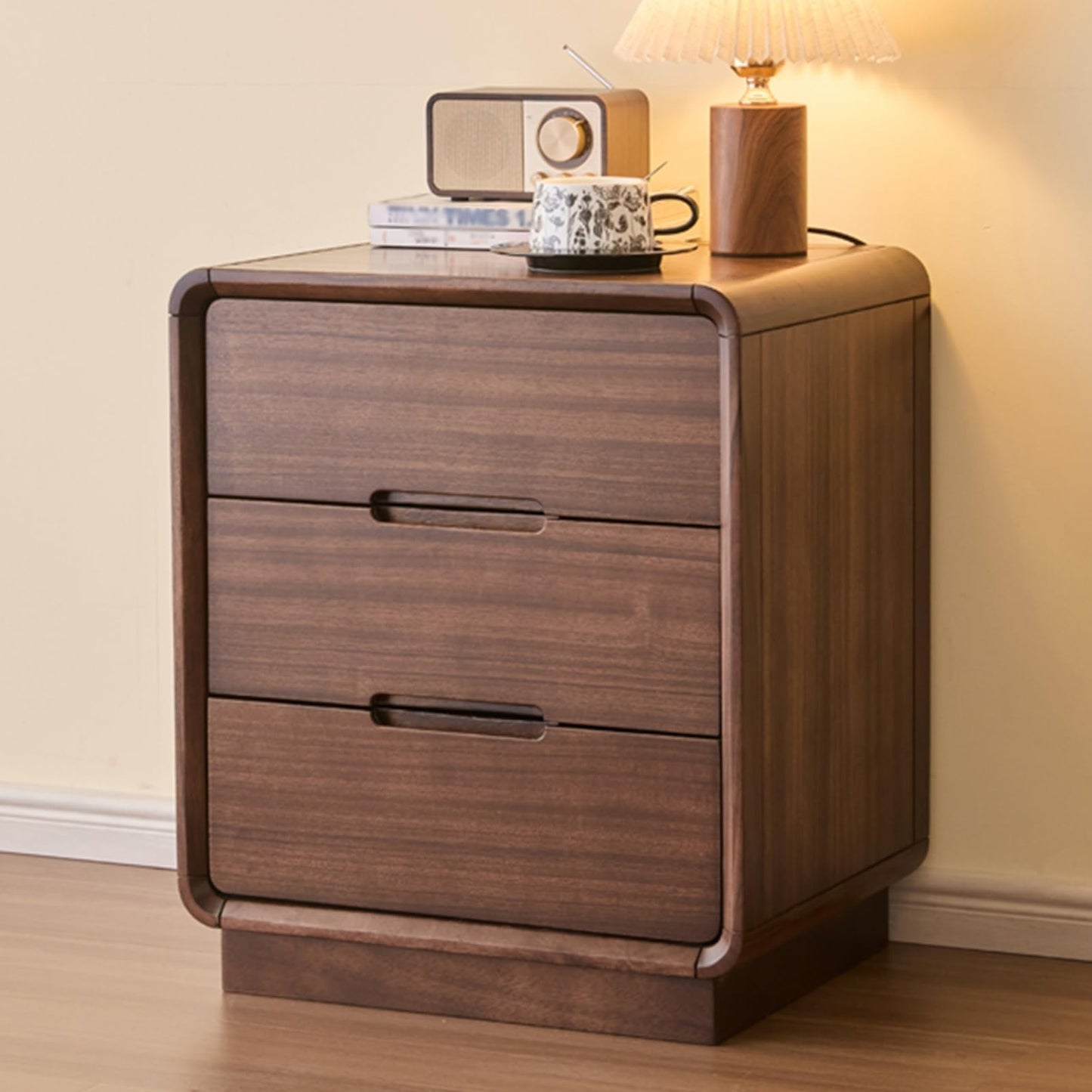 LSIGHTUS Retro Farmhouse Wooden Bedside Table with 3 Drawers, Nightstand with Arc Table Corners, Modern Bed End Table for Bedroom, Living Room, Office, Sofa Side