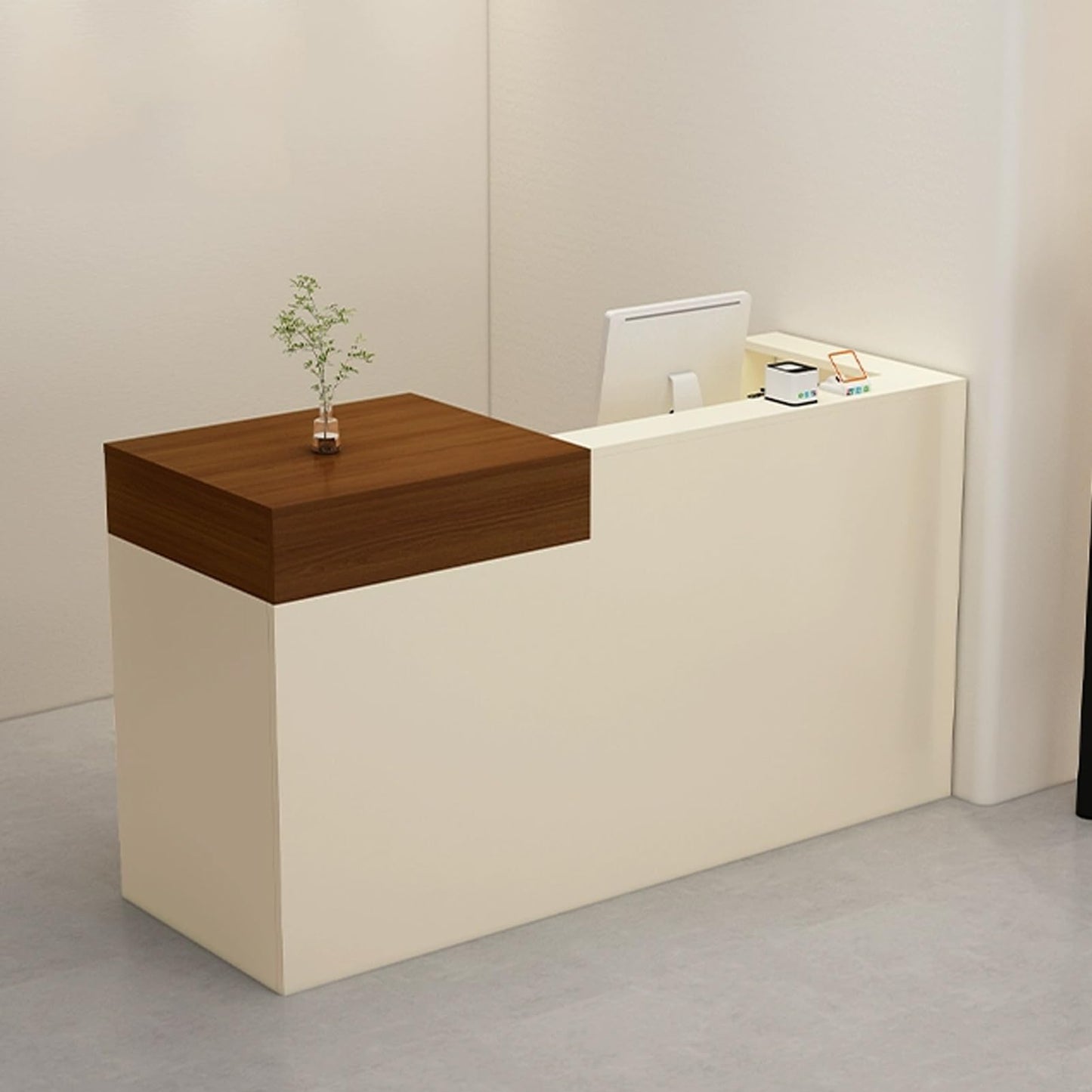 Lockable Small Reception Desk with Drawer – Retail Checkout Counter for Convenience Store & Boutique (Cream + Teak, 100cm/39.3in) – Stylish Wood Front Design