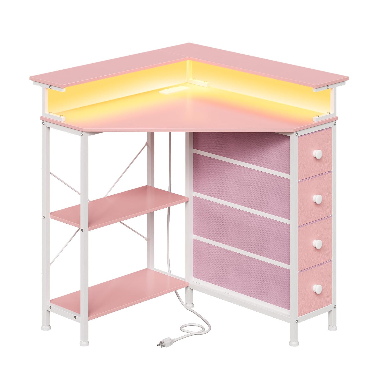 VENNQD Corner Desk with Drawers Shelves for Small Space 90 Degrees Triangle Computer Desk with Power Outlets,Gaming Desk with LED Lights Monitor Stand for Home Office Workstation Writing Table (Pink)