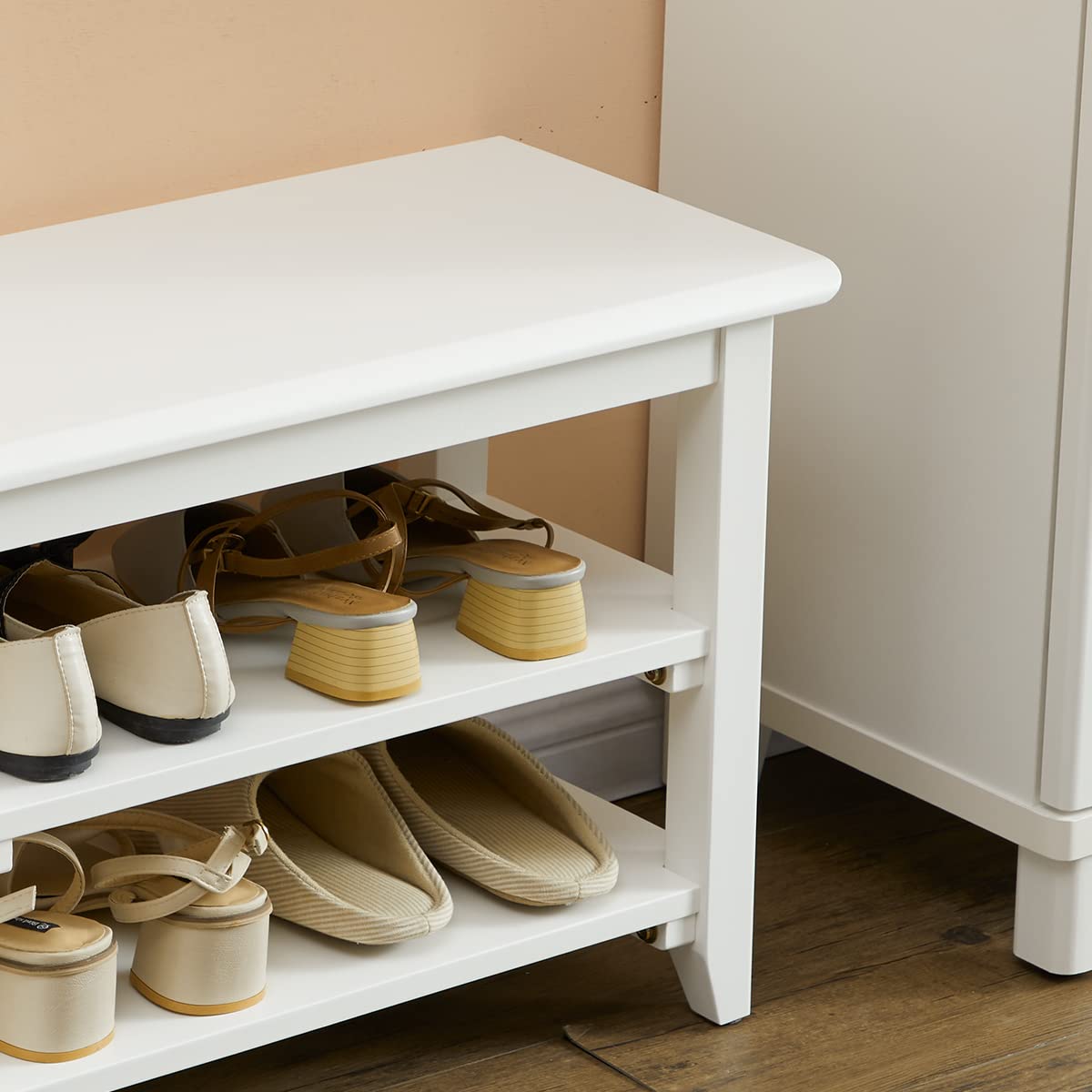 Dewfig Shoe Rack Bench for Entryway with Storage, 32", 3-Tier Wooden Shoe Bench for Hallway, Front Door, Entrance, White
