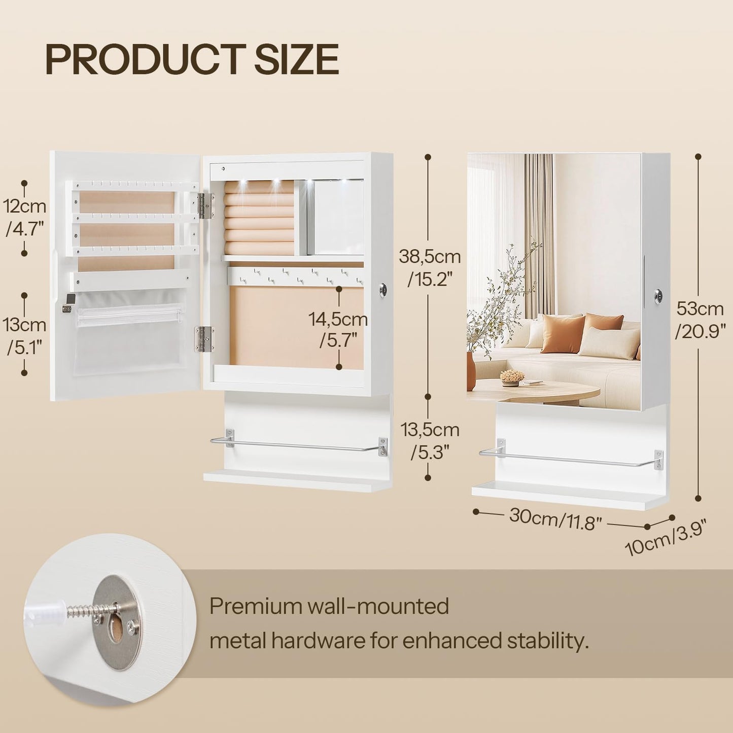 HOOBRO Wall Mounted Jewelry Cabinet, LED Jewelry Armoire with Interior Mirror, Hanging Jewelry Organizer for Wall, Lockable Jewelry Storage Cabinet, 3.9 x 11.8 x 20.9 Inches, White