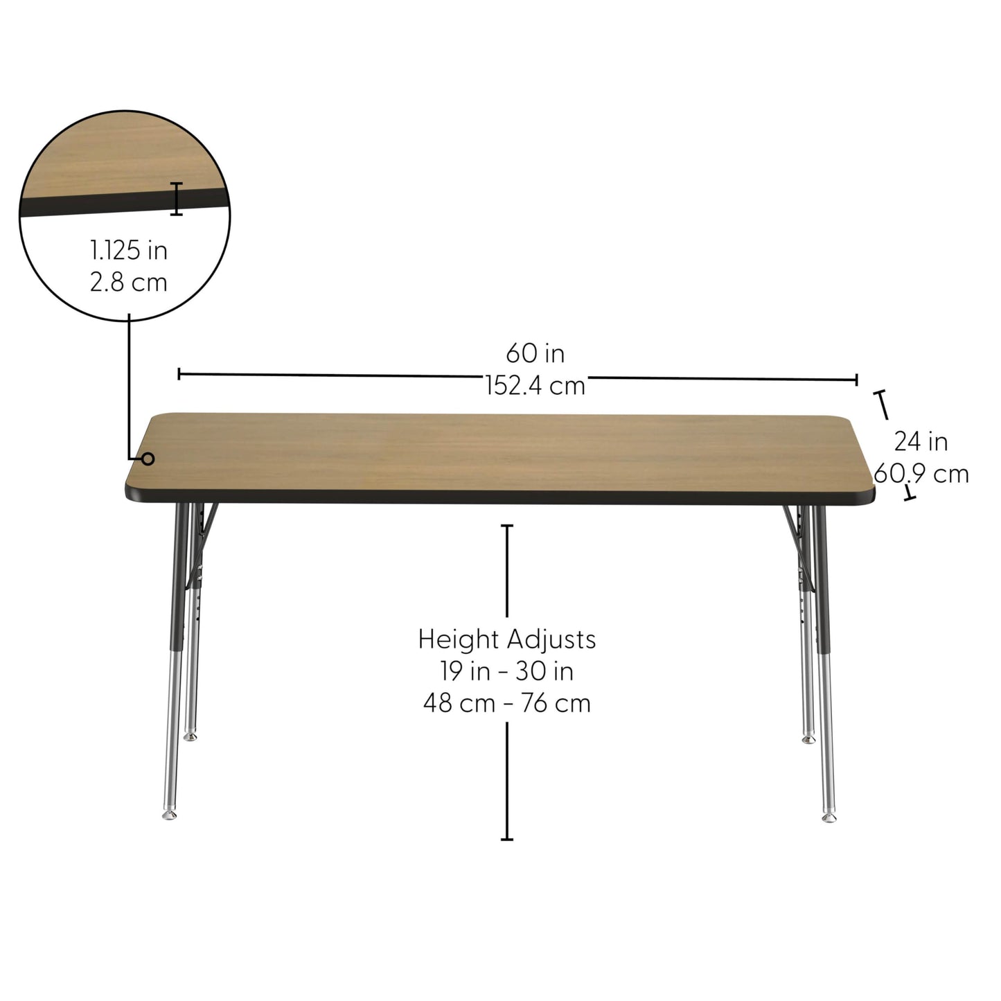 FDP Rectangle (24 x 60 inch) Classroom Table with Adjustable Standard Swivel Glide Legs (19-30 in) School and Office Furniture - Pasadena Oak Top/Black Edge and Legs