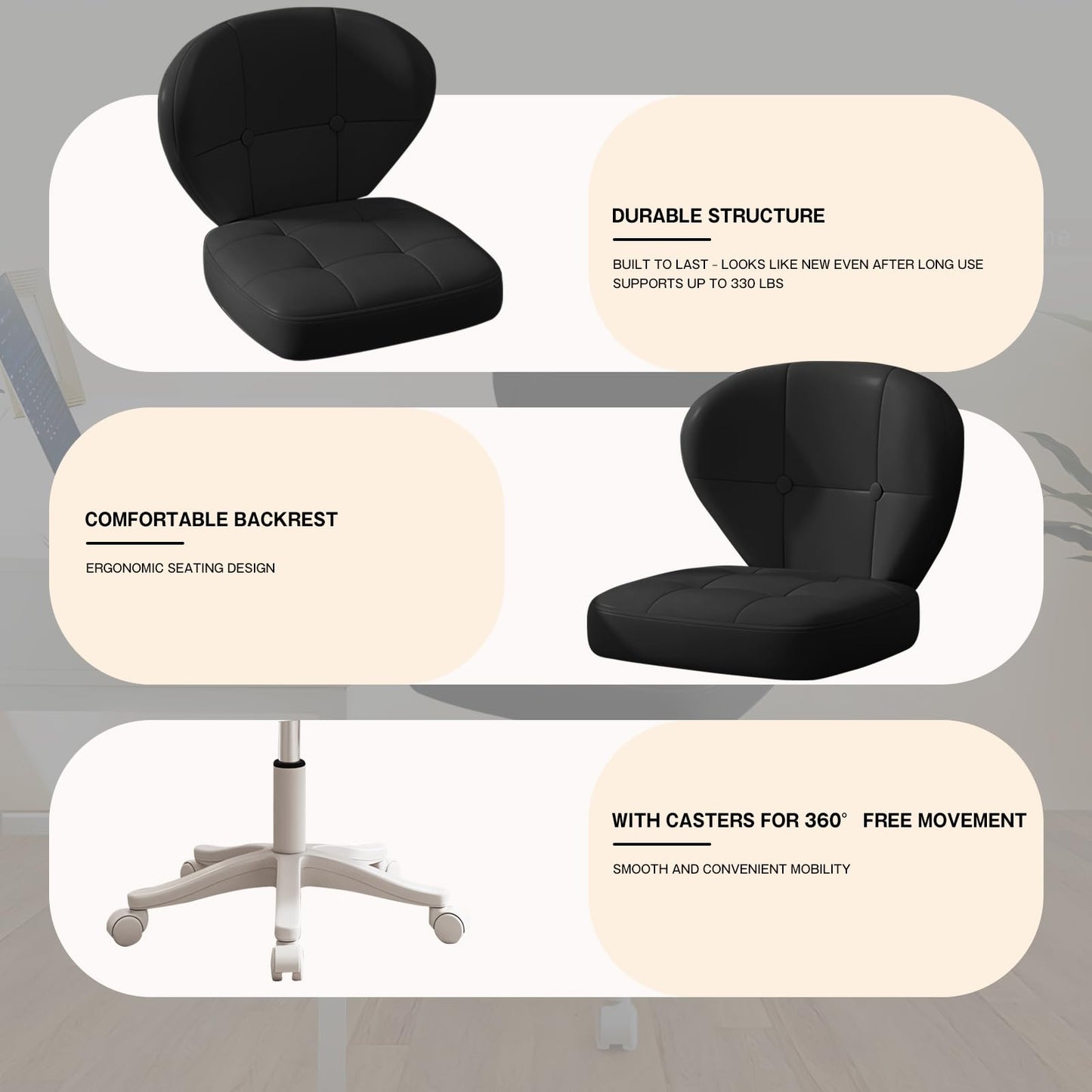 Timbertouch Small Office Chair with Lumbar Support, PU Leather Armless Swivel Desk Chair Adjustable Height, Compact Rolling Chair for Home Office, Bedroom, Study (Black)