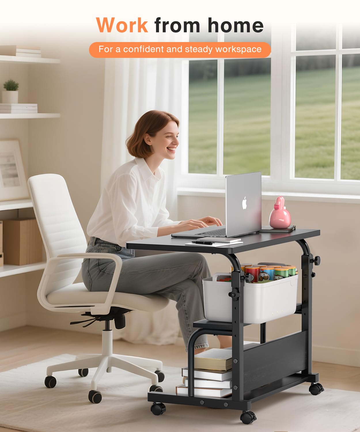 QZMDSM Portable Rolling Desk on Wheels Adjustable Height Desks for Small Spaces, 32" Computer Desk Drafting Tables with Storage Shelves for Home Office Black