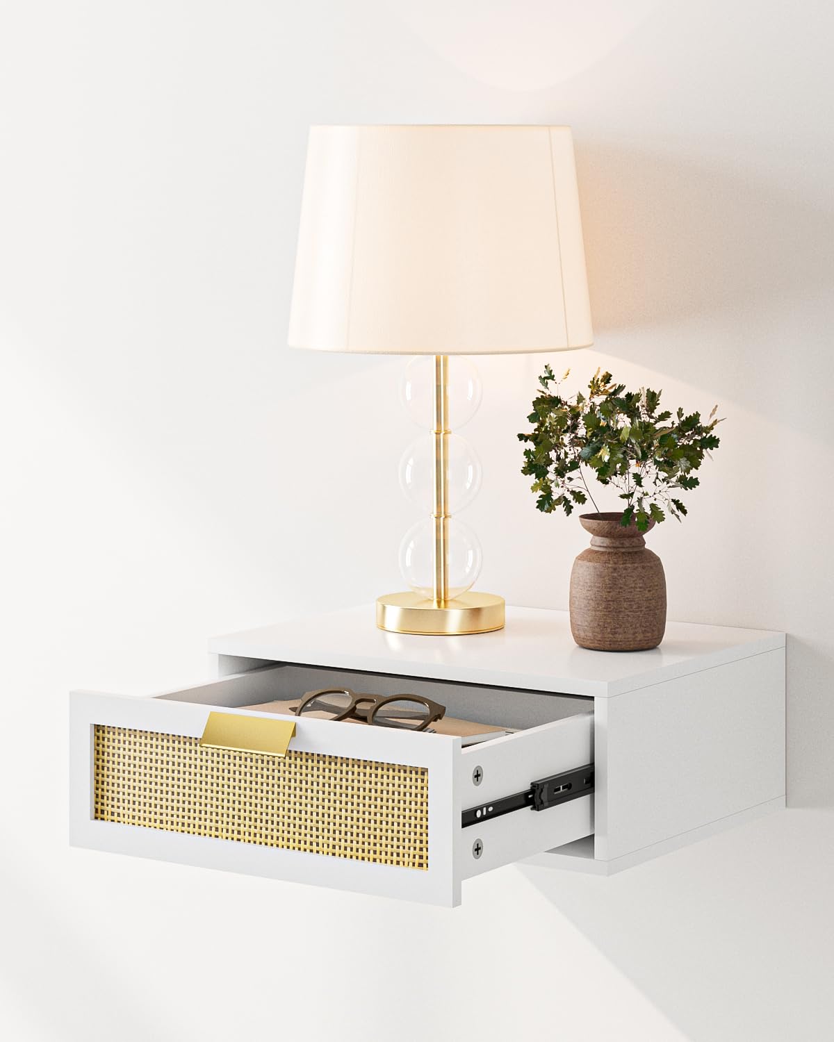 Aienvey Floating Nightstand, Floating Shelf with Drawer, Wall Mounted Nightstand, Floating Bedside Table (White Rattan)