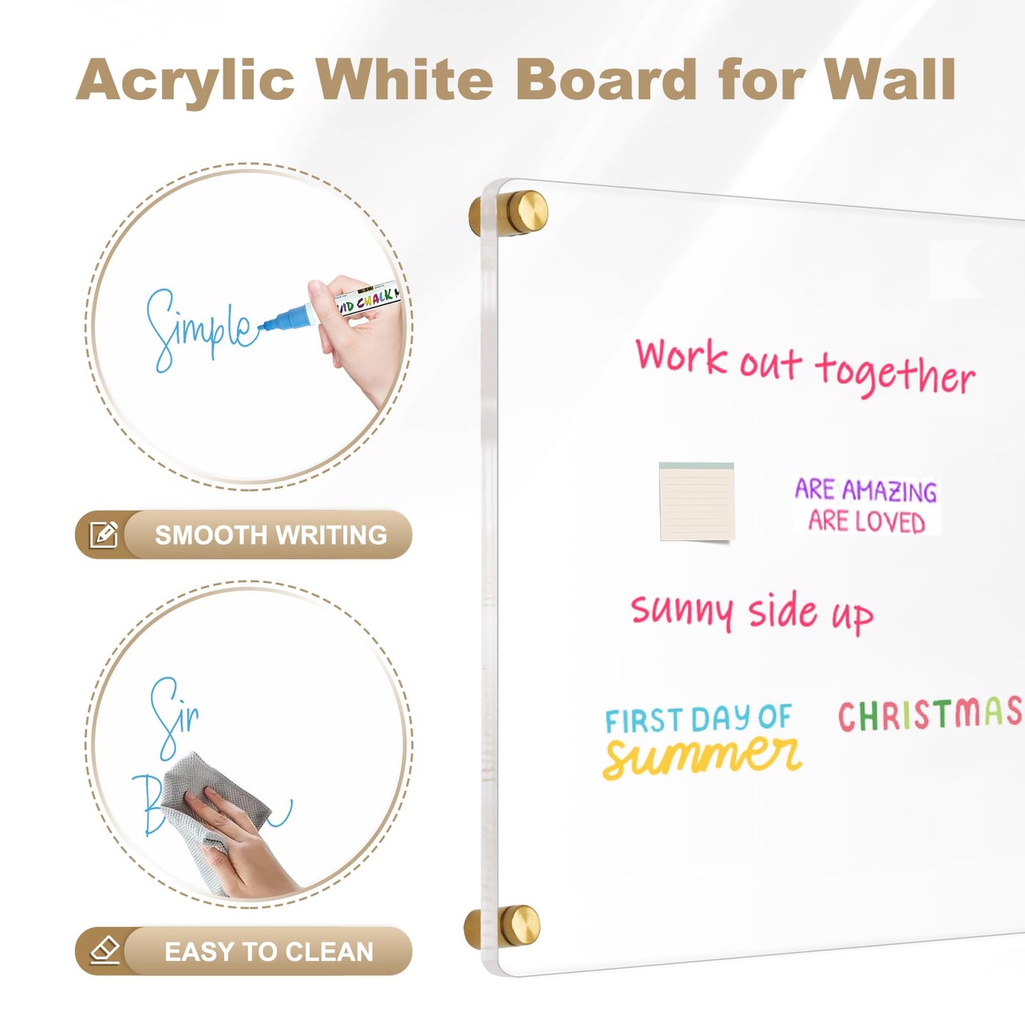 AMUSIGHT Large Clear Acrylic Dry Erase Board, 36" X 24" Golden Non-Magnetic Frameless Clear White Board for Wall, Erasable Acrylic Board for Wall, Home, Office, School, 2 Markers