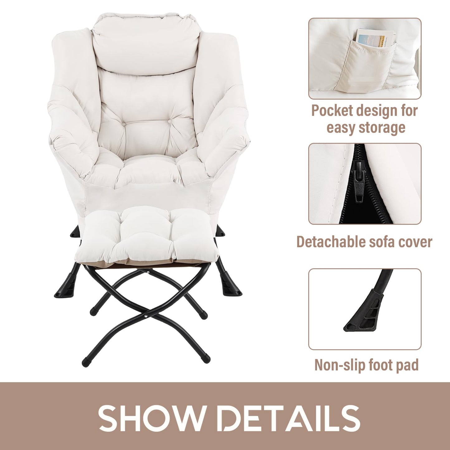 LITA Lazy Chair with Ottoman, Modern Accent Leisure Upholstered Sofa, Contemporary Lounge Reading Chair with Armrests and a Side Pocket for Living Room, Bedroom & Small Space, Beige