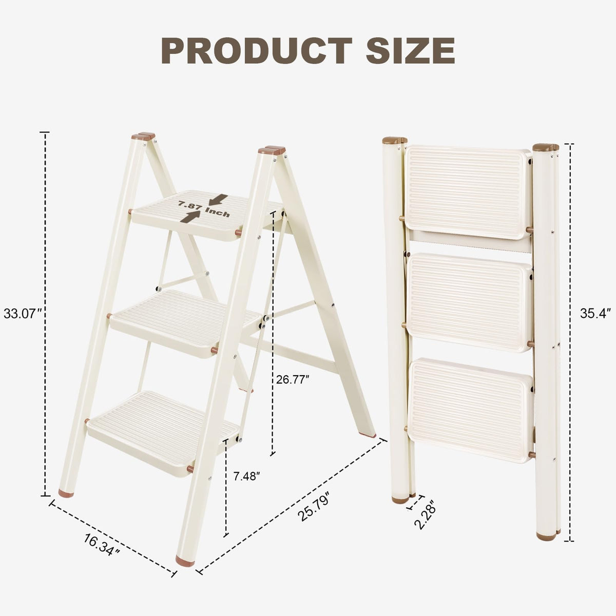 Valeo 3 Step Ladder,Lightweight Folding Step Stool with Wide Anti-Slip Pedal, 330LBS Capacity, Heavy Duty,Sturdy Iron Metal Step Stool for Home, Kitchen, Closet, Adults, Cream White