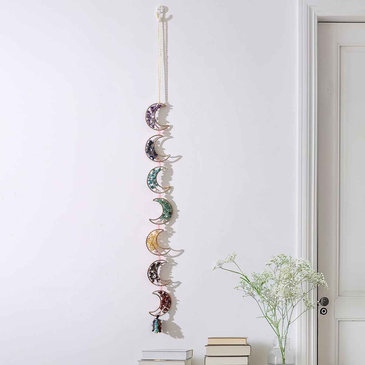 7 Chakra Healing Crystals Hanging Ornament，Handmade Tree of Life Chakra Stones Moon Natrual Gemstones Wall Hanging Ornaments for Home Decor Yoga Meditation(7 Moon Crystal Tree)