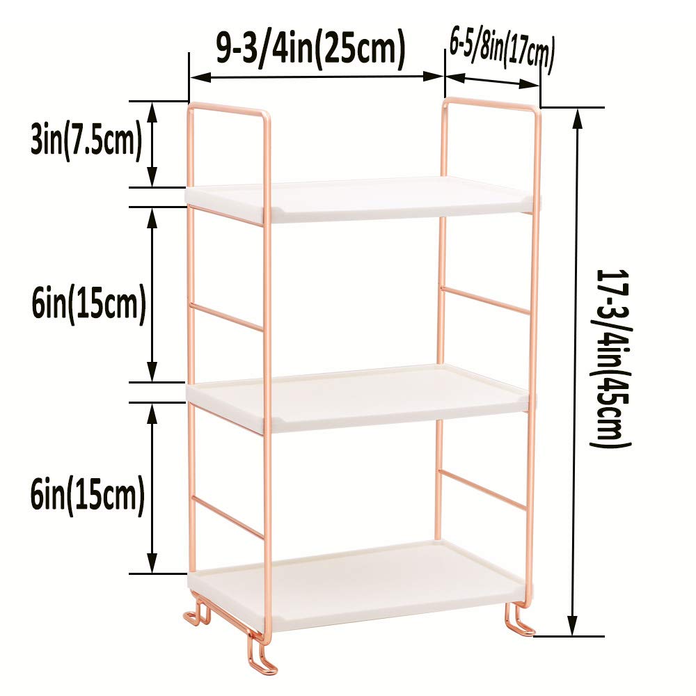 kaileyouxiangongsi Plastic/Metal Freestanding Stackable Organizer Shelf,Bathroom Countertop Storage Shelf Cosmetic Organizer Holder Kitchen Spice Rack,3-Tier Standing Rack (Rose Gold)