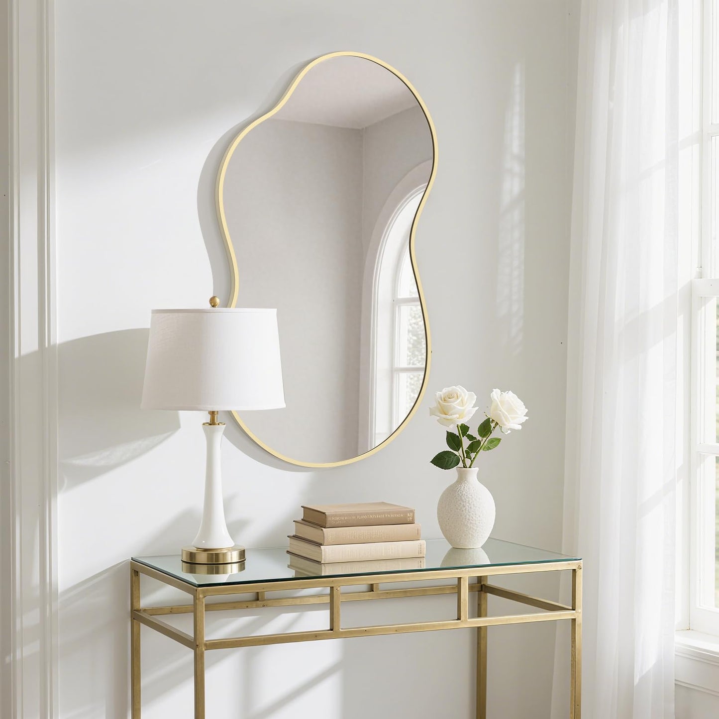 HOMECOOKIN 36" H x 20" W Irregular Wall Mirror, Asymmetrical Decorative Mirror with Gold Aluminum Frame, Wavy Abstract Gold Mirror, for Living Room, Bedroom, Bathroom, Entryway, Cloakroom