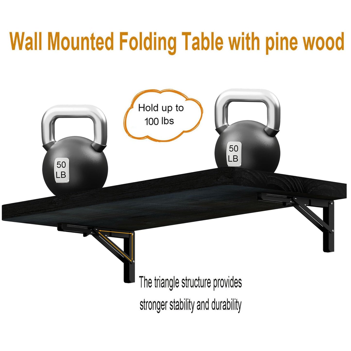 IAE Wall Mounted Folding Table with Pine Wood,36" x 14" Floating Wall Desk,Laundry Folding Table with Shelf Brackets,Fold Down Desk Shelf,Fold Workbench for Apartments,Home,Laundry Room,Kitchen,Black