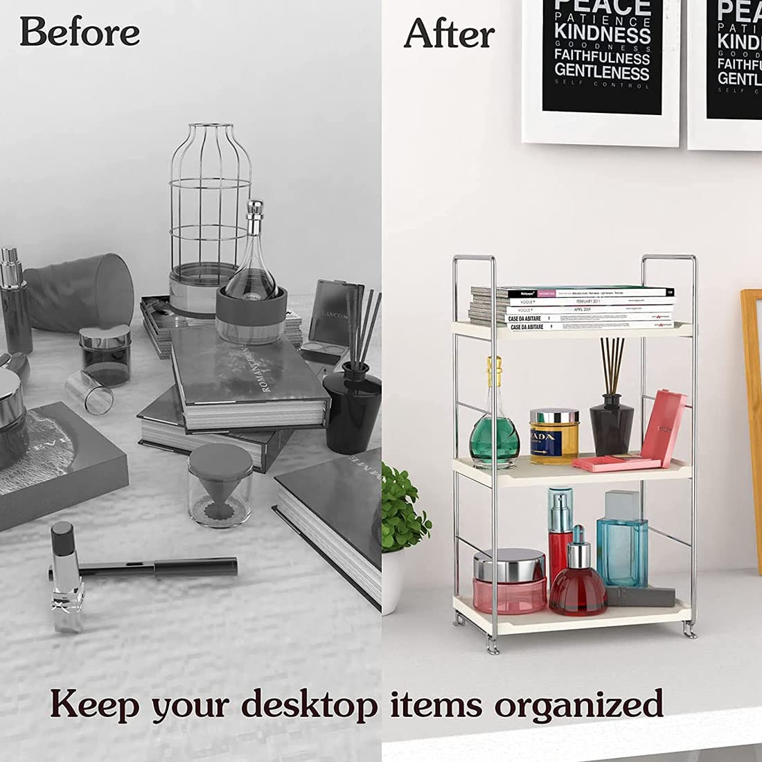 3-Tier Bathroom Countertop Organizer -Makeup Organizer -Corner Storage Shelf- Kitchen Spice Rack Standing Shelf-Great for Vanity, Bathroom, Bedroom, Kitchen (Silver & White)