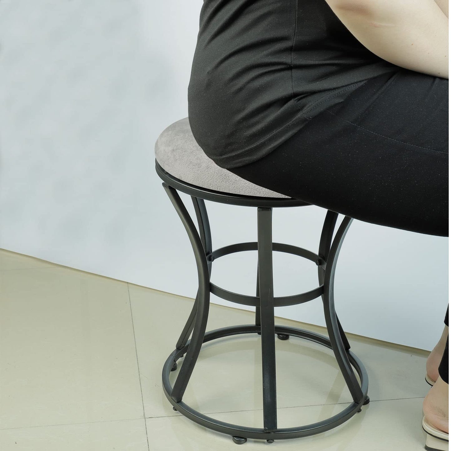 Ellensamqi Vanity Stool Chair, Grey Stools for Makeup Room, Round Ottoman Foot Stool, Velvet Footrest Vanity Chair for Bathroom, Bedroom, Living Room Furniture, Entryway, Offices
