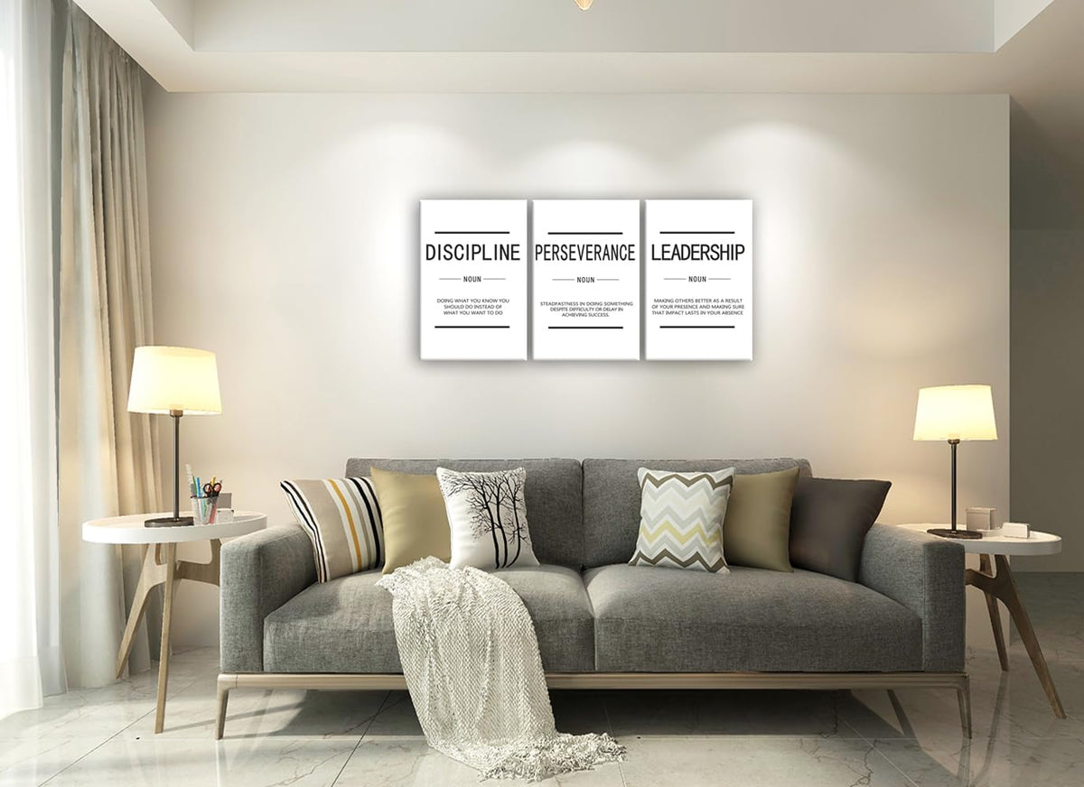 Inspirational 3 Pieces Discipline Noun Motivational Canvas Wall Art Inspirational Perseverance Leadership Noun Painting Poster Print Artwork Office Wall Decor Gym Living Room Frame[48''Wx 24''H]