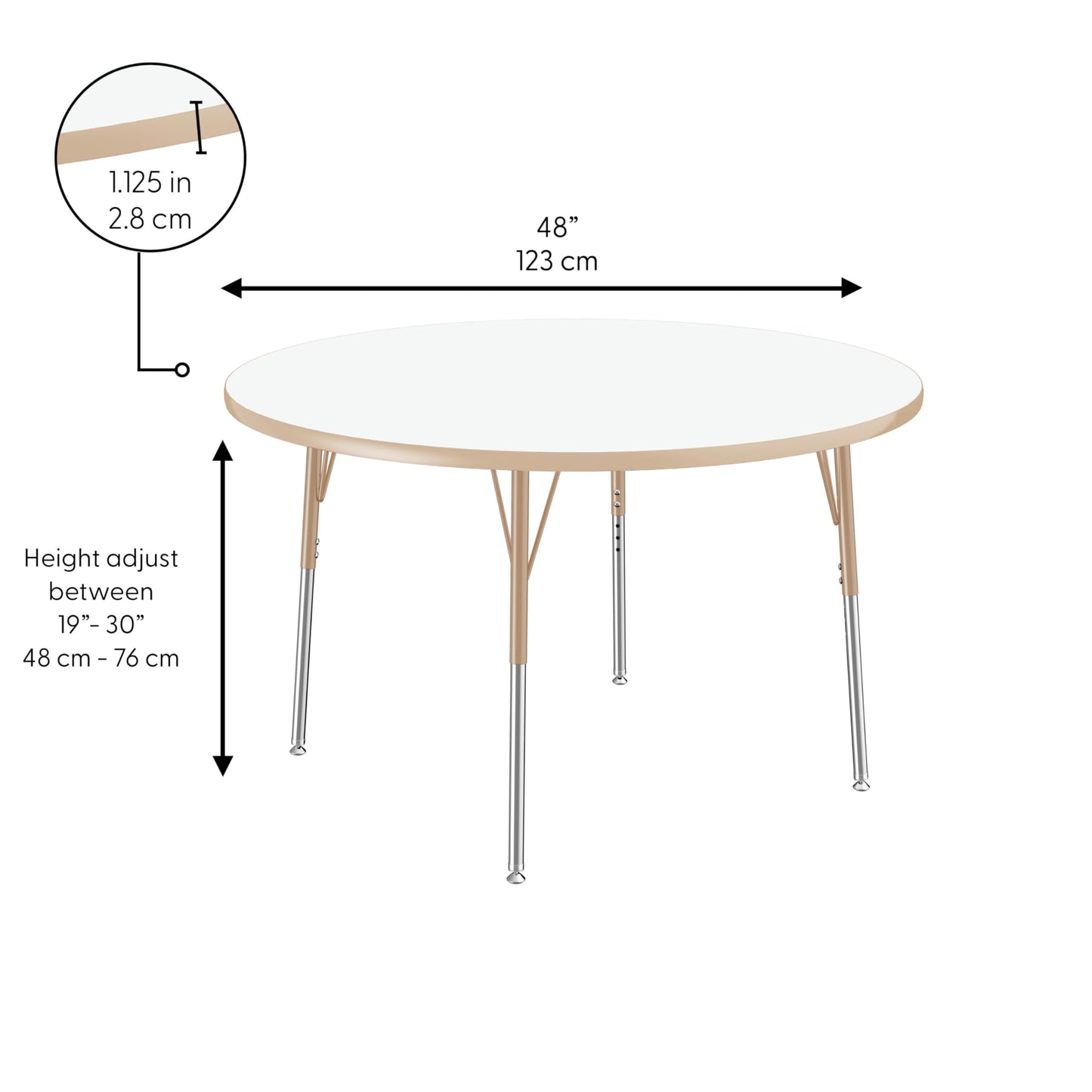 FDP Dry-Erase Round Activity School and Office Table (48 inch), Standard Legs with Swivel Glides, Adjustable Height 19-30 inches - Whiteboard Top and Maple Edge and Sand Legs