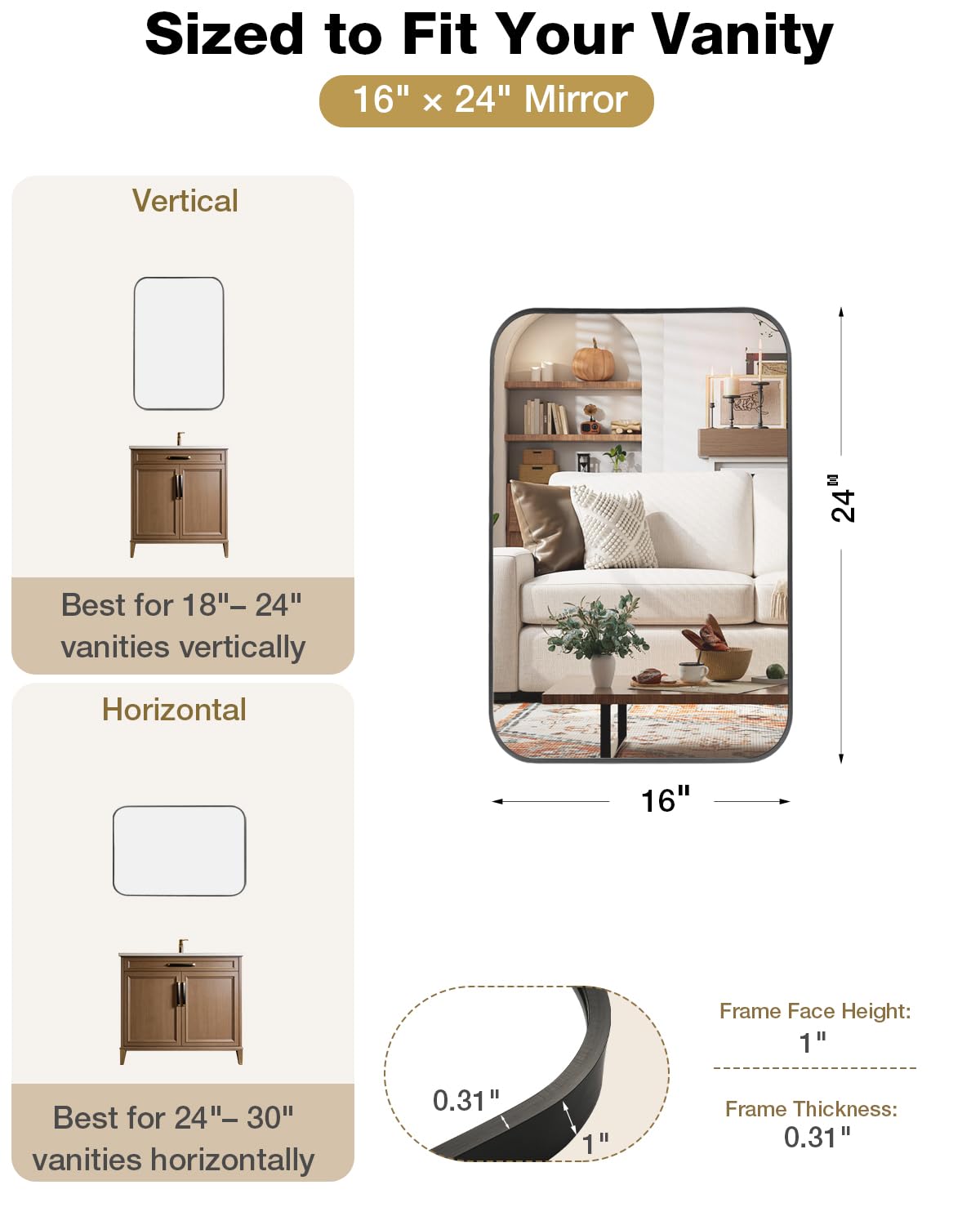 Umzodo 16x24 Inch Black Rounded Rectangle Vanity Mirror with HD Reflection, Shatter-Resistant Tempered Glass Bathroom Mirror for Over Sink, Aluminum Frame, Horizontal or Vertical