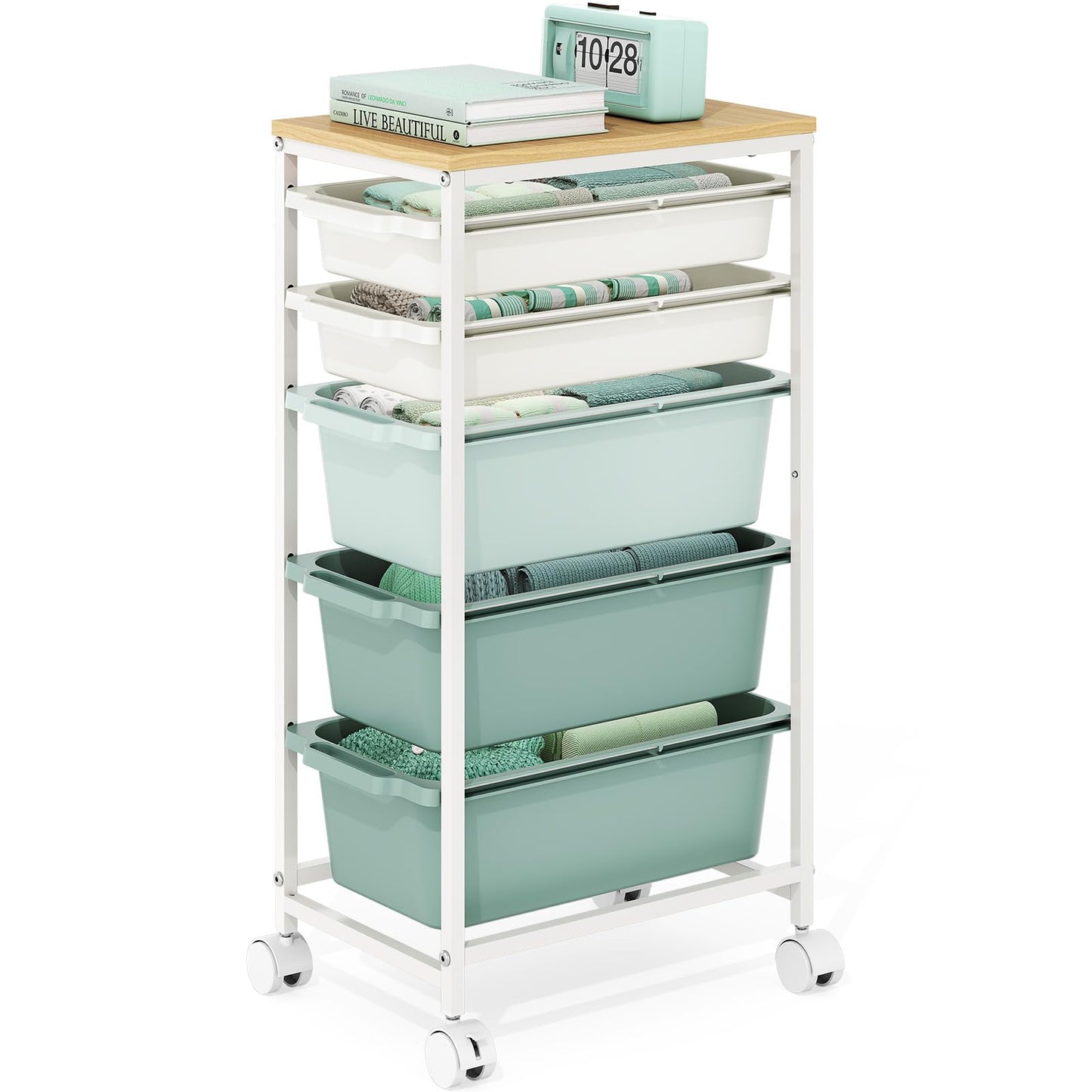 Rolling Storage Cart with 5 Drawers, Craft Organizer, Wooden Tabletop Utility Cart for Bedroom, Children's Room and Office Organization, Table Side Trolley with Lockable Wheels, Green