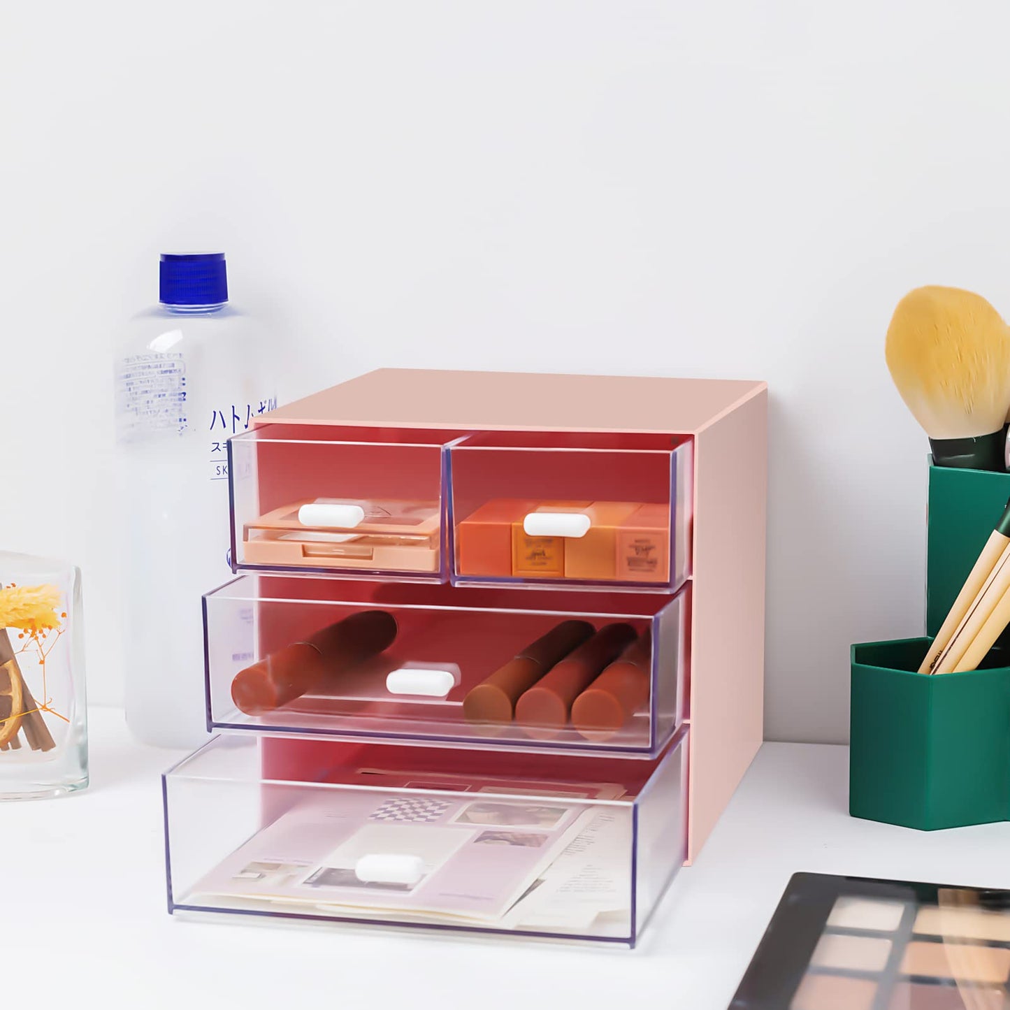 Zyners Desk Organizer with Drawer, Office Organizer with 4 Drawers, Desk Storage Box for, Desktop, Dressing table, Office, School, Home, Plastic Box and 4 Acrylic Drawers(Pink)