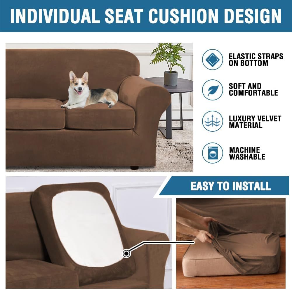 H.VERSAILTEX Modern Velvet Plush 4 Piece High Stretch Sofa Slipcover Sofa Cover Furniture Protector Form Fit Luxury Velvet Sofa Cover for 3 Cushion Couch Width Up to 90 Inch (Sofa, Caramel Cafe)