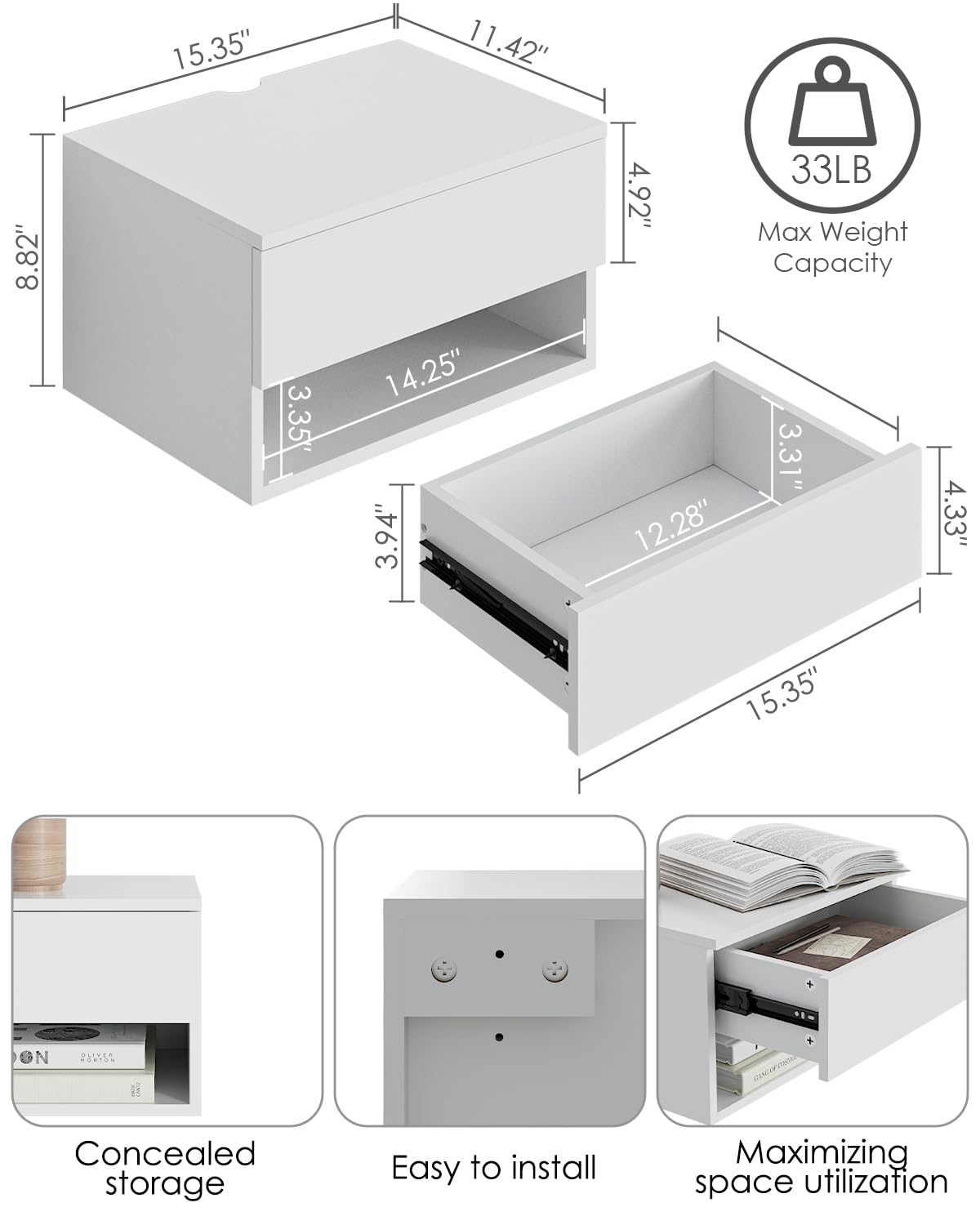 Floating Nightstand, Small Modern Floating Nightstand with Drawer, Floating Shelves for Bedroom, Bathroom (White)